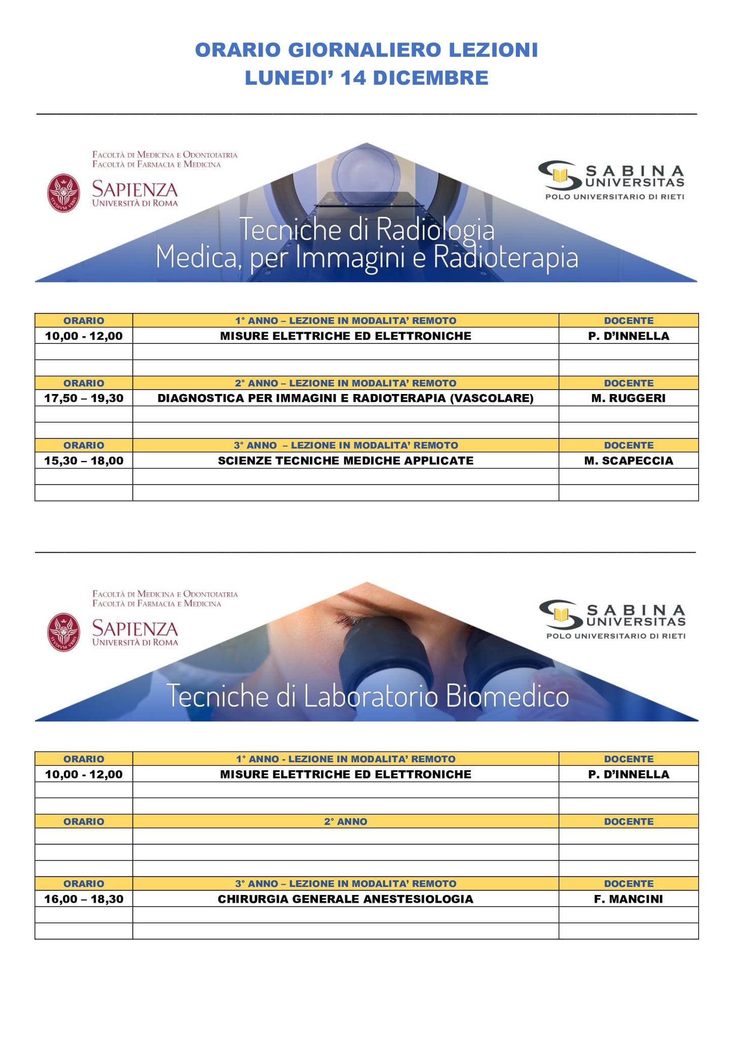 Professioni Sanitarie: orario lezioni di lunedì 14 dicembre