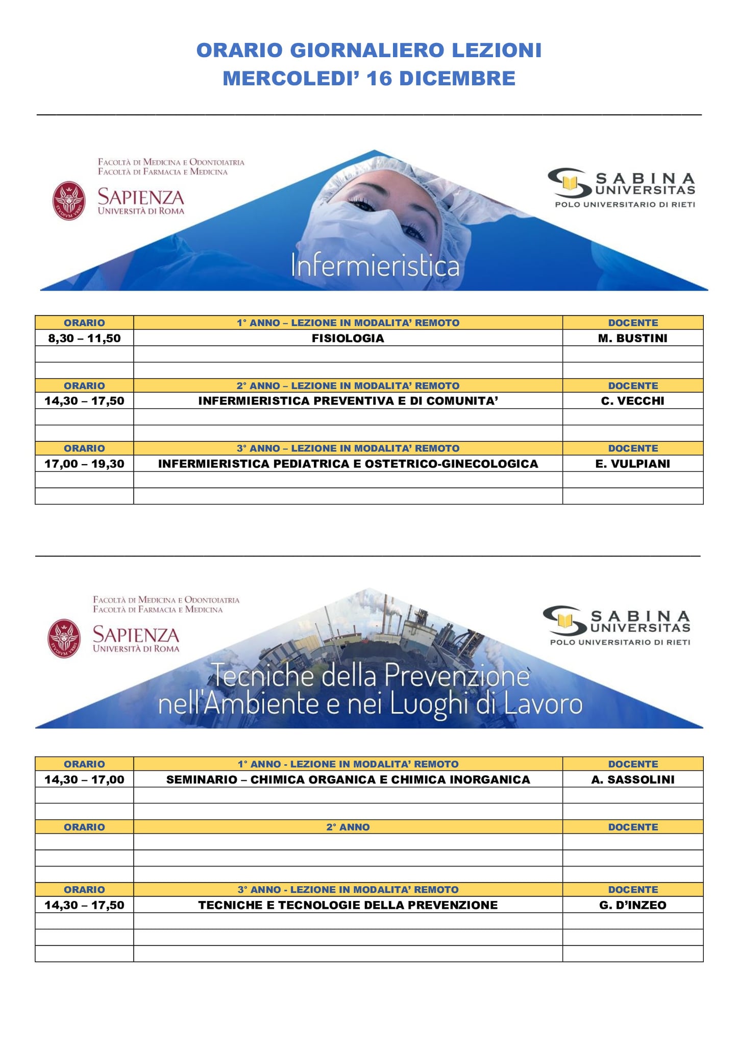 Professioni Sanitarie: orario lezioni di mercoledì 16 dicembre