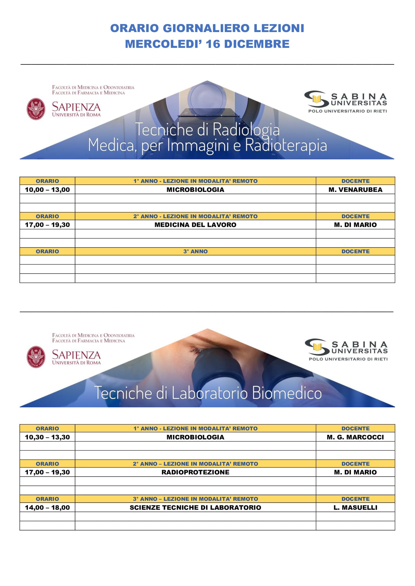 Professioni Sanitarie: orario lezioni di mercoledì 16 dicembre