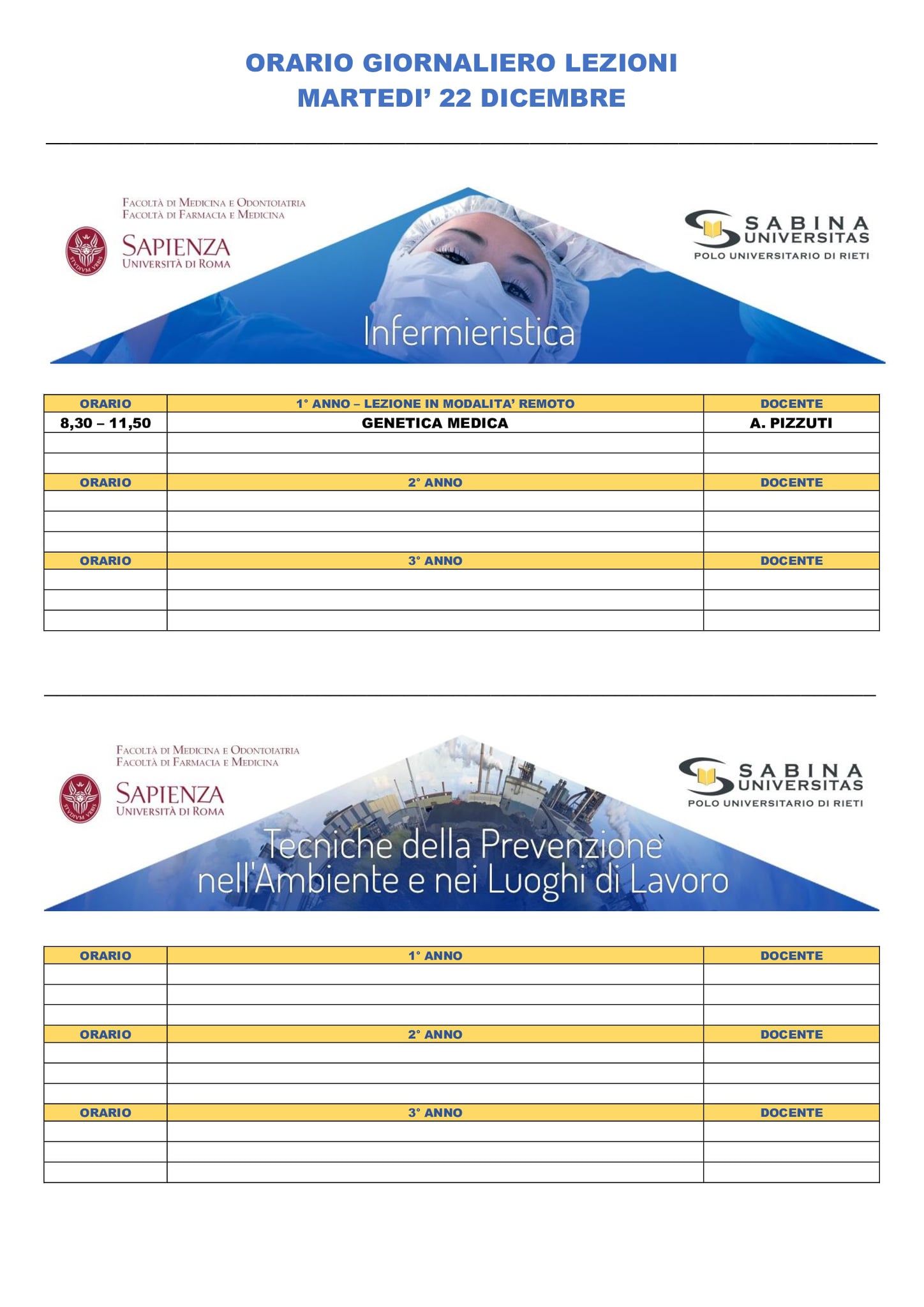 Professioni Sanitarie: orario lezioni di martedì 22 dicembre