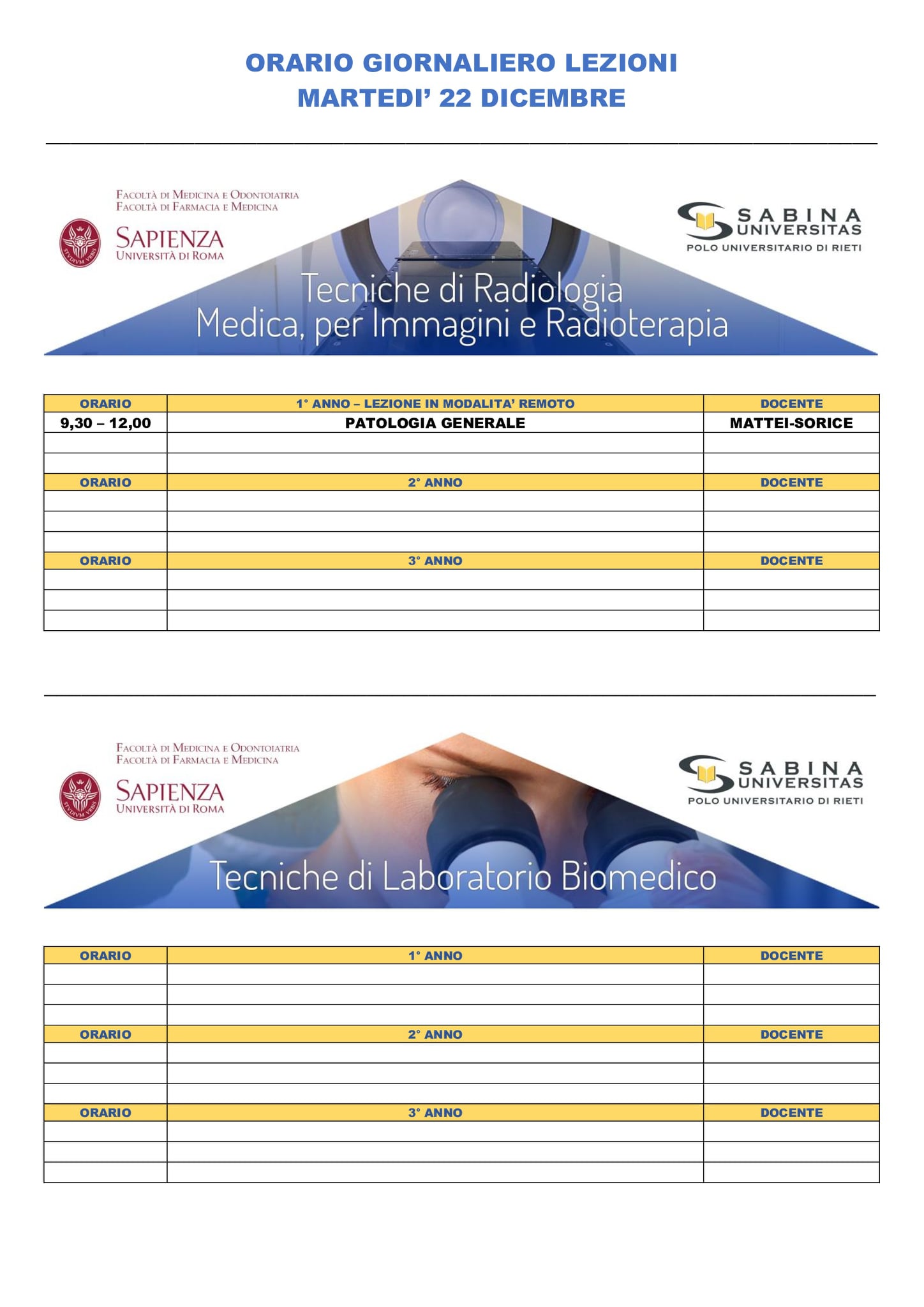 Professioni Sanitarie: orario lezioni di martedì 22 dicembre