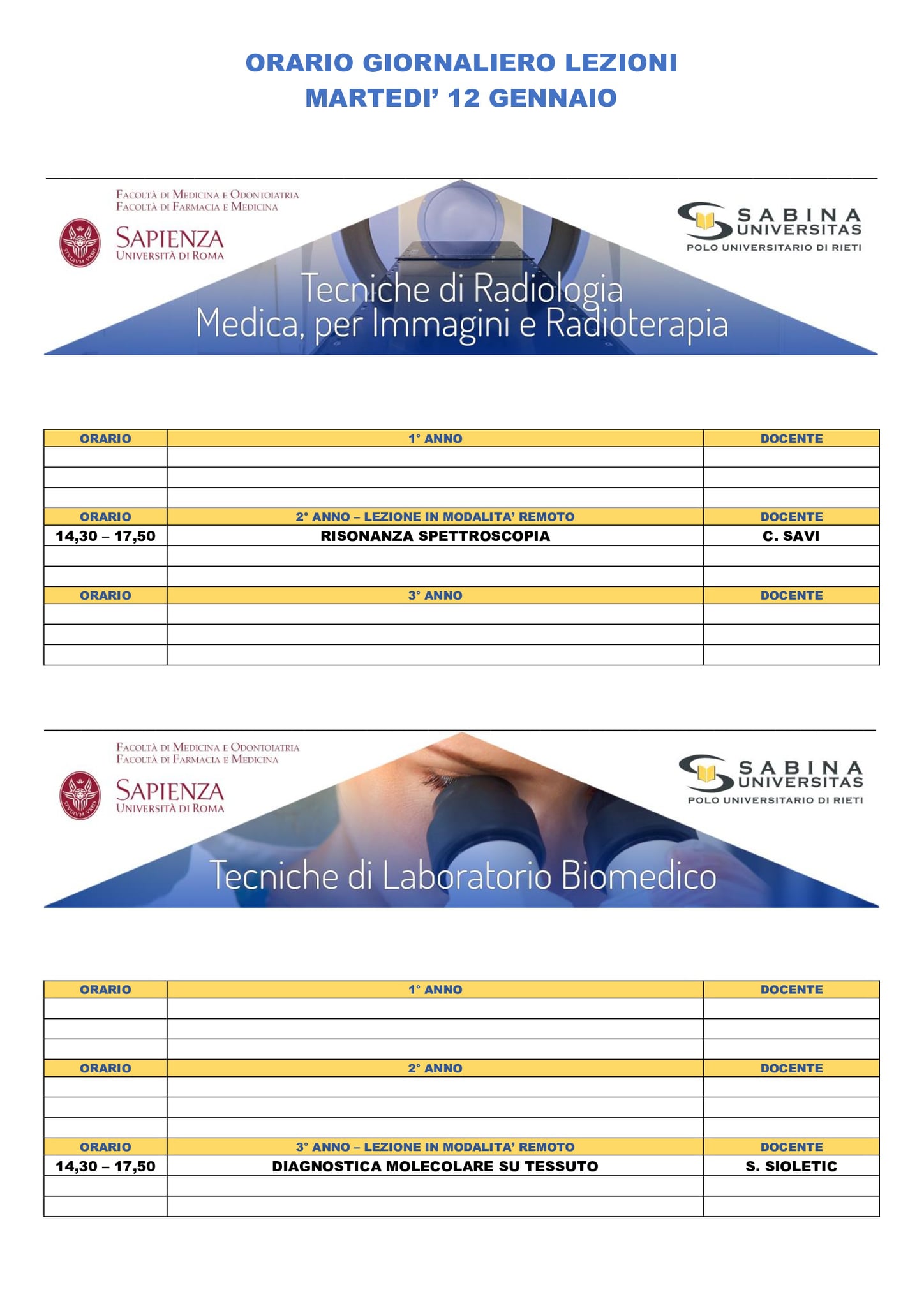 Professioni Sanitarie: orario lezioni di martedì 12 gennaio