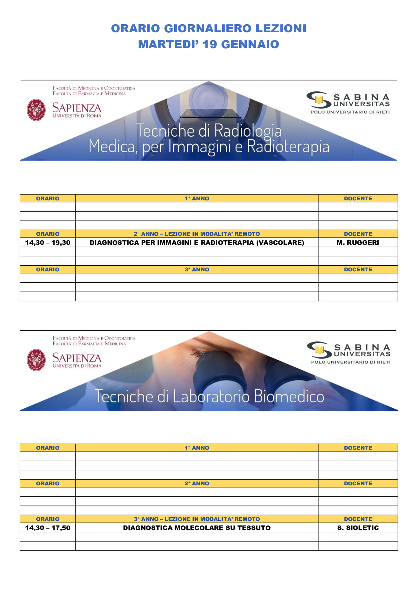 Professioni Sanitarie: orario lezioni di martedì 19 gennaio