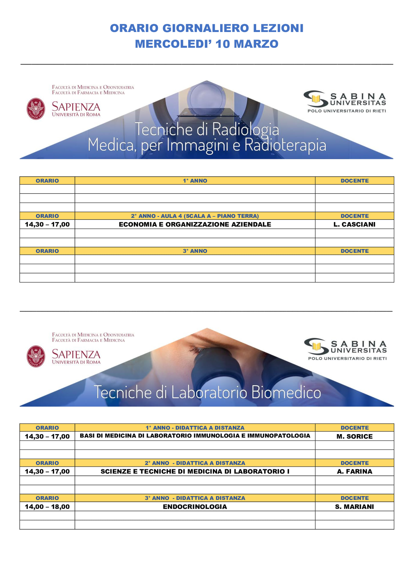 Professioni Sanitarie: orario lezioni di mercoledì 10 marzo