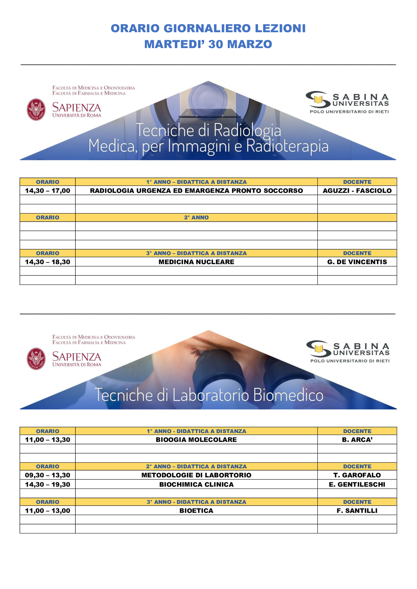 Professioni Sanitarie: orario lezioni di martedì 30 marzo