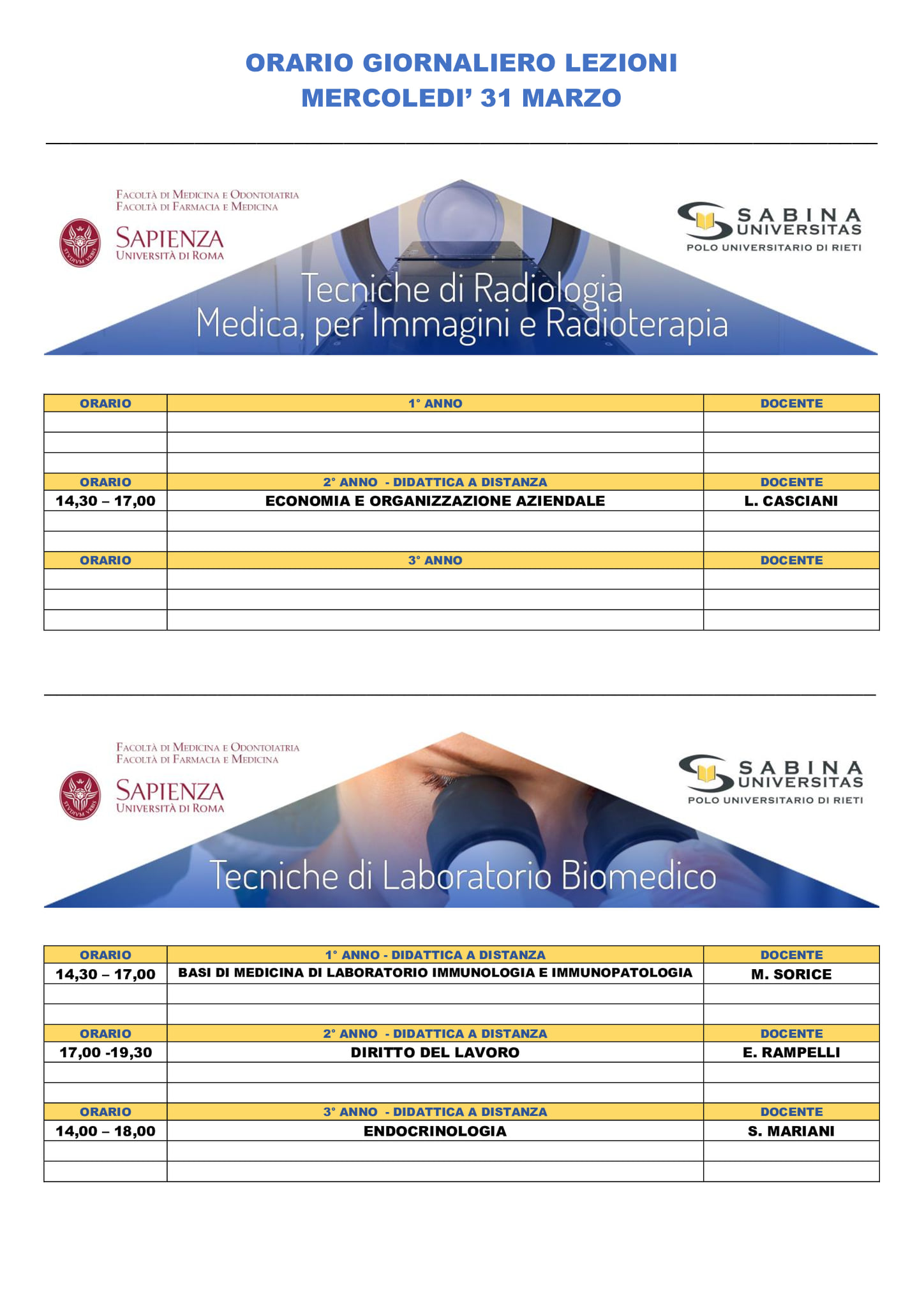 Professioni Sanitarie: orario lezioni di mercoledì 31 marzo