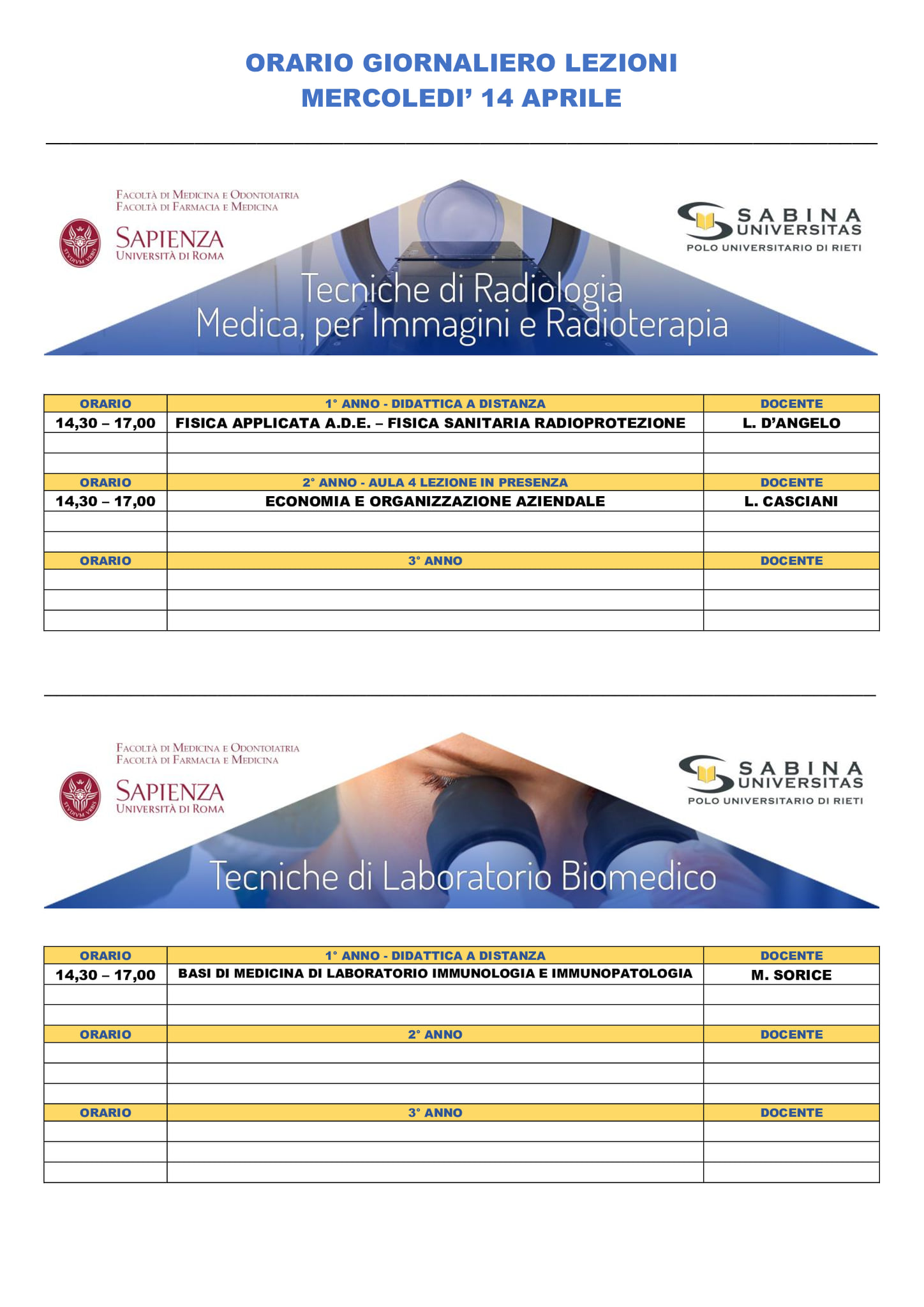 Professioni Sanitarie: orario lezioni di mercoledì 14 aprile