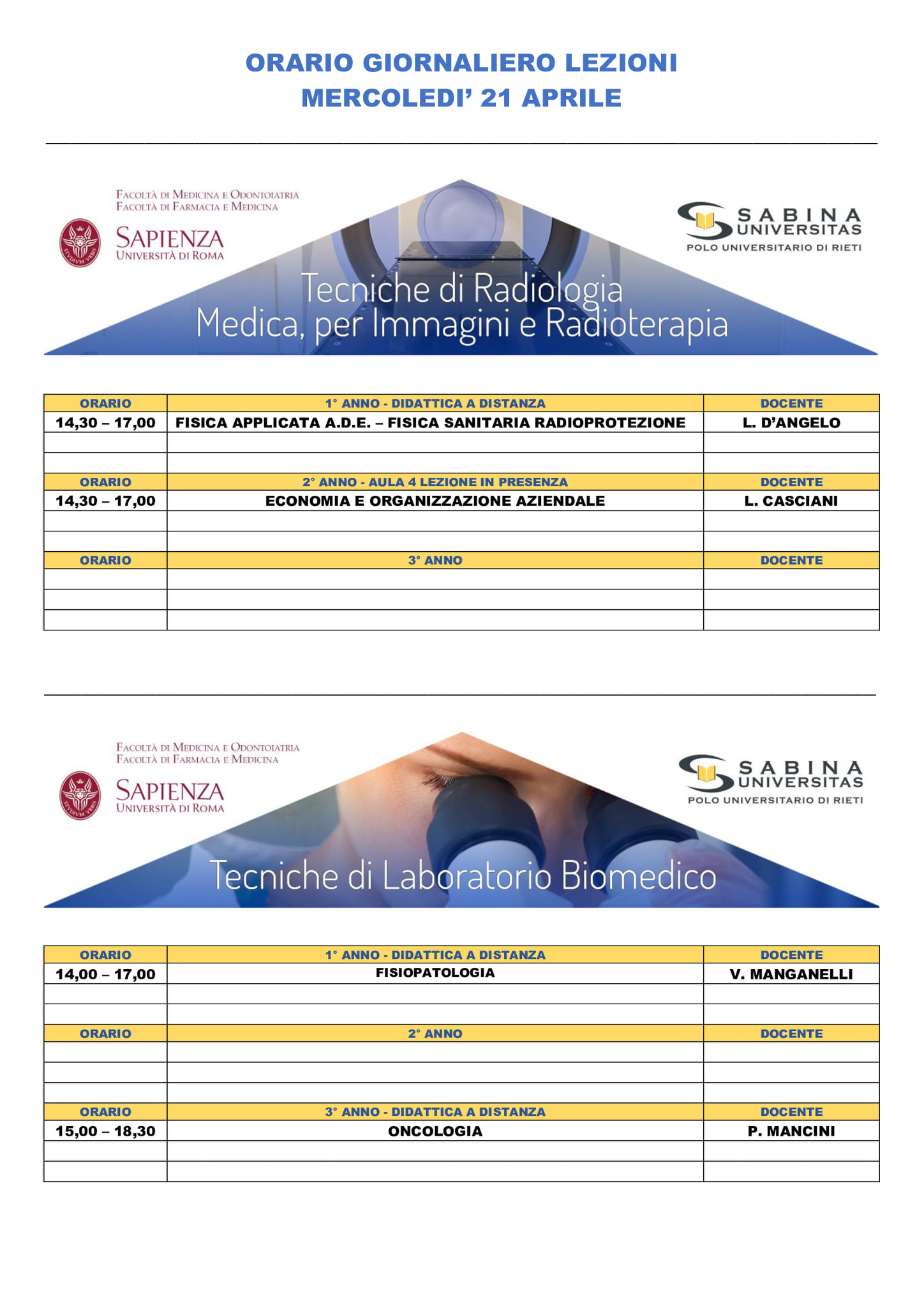 Professioni Sanitarie: orario lezioni di mercoledì 21 aprile