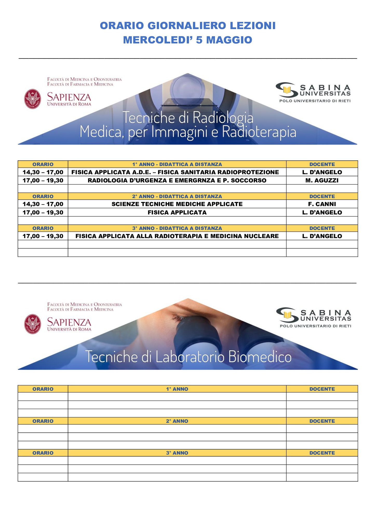 Professioni Sanitarie: orario lezioni di mercoledì 5 maggio