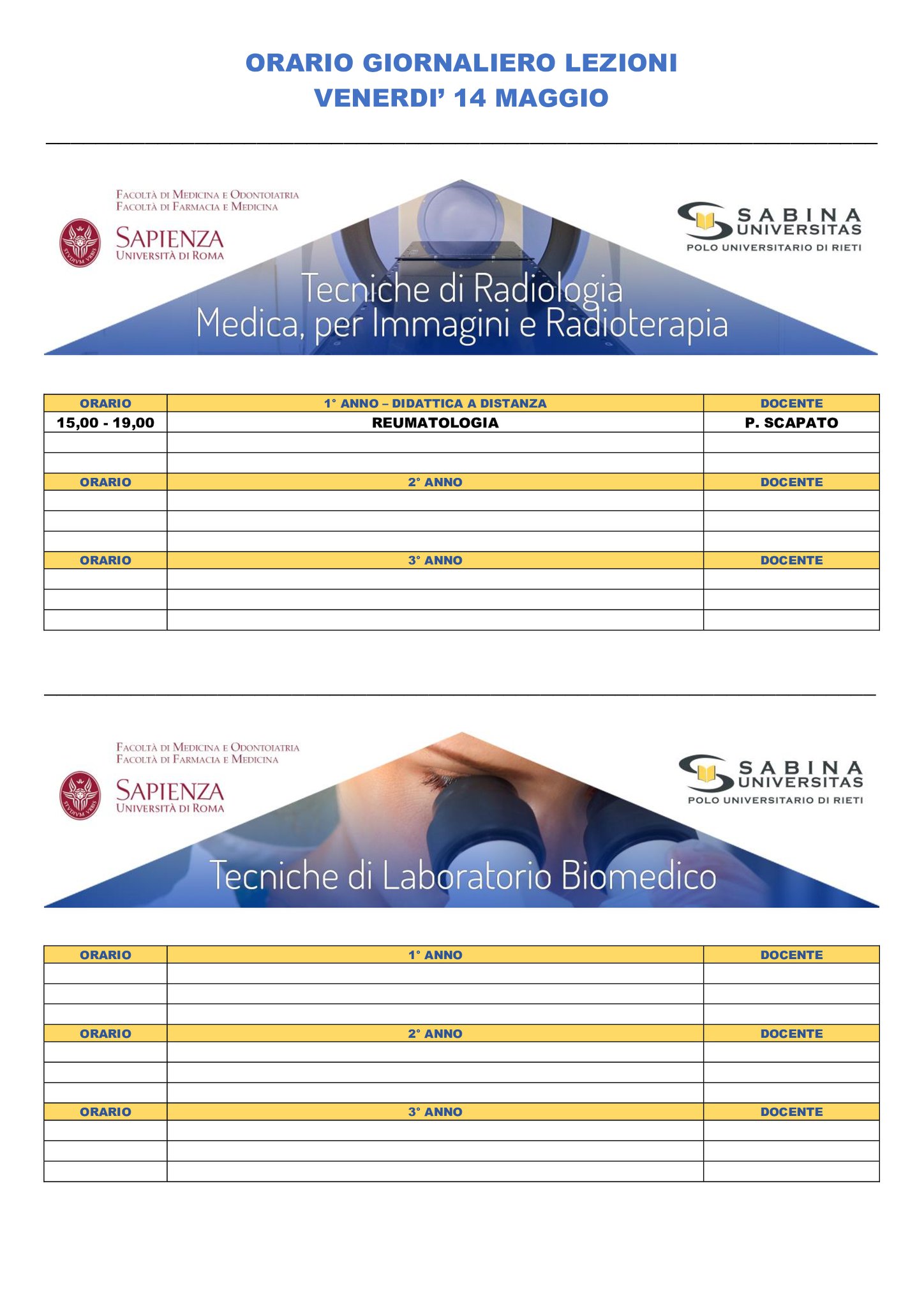 Professioni Sanitarie: orario lezioni di venerdì 14 maggio