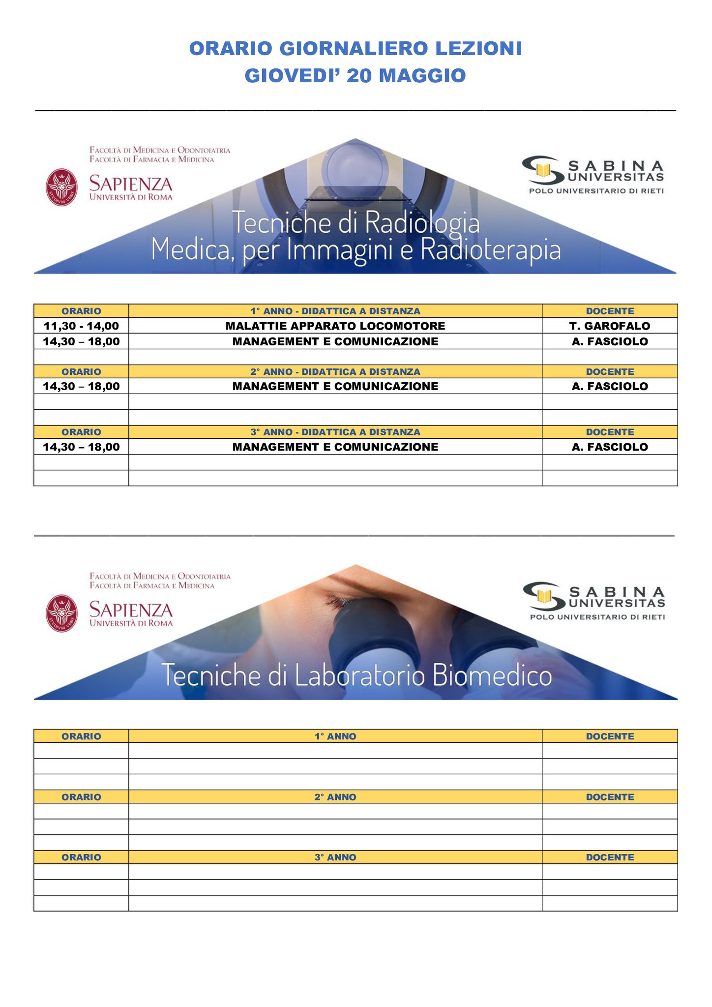 Professioni Sanitarie: orario lezioni di giovedì 20 maggio