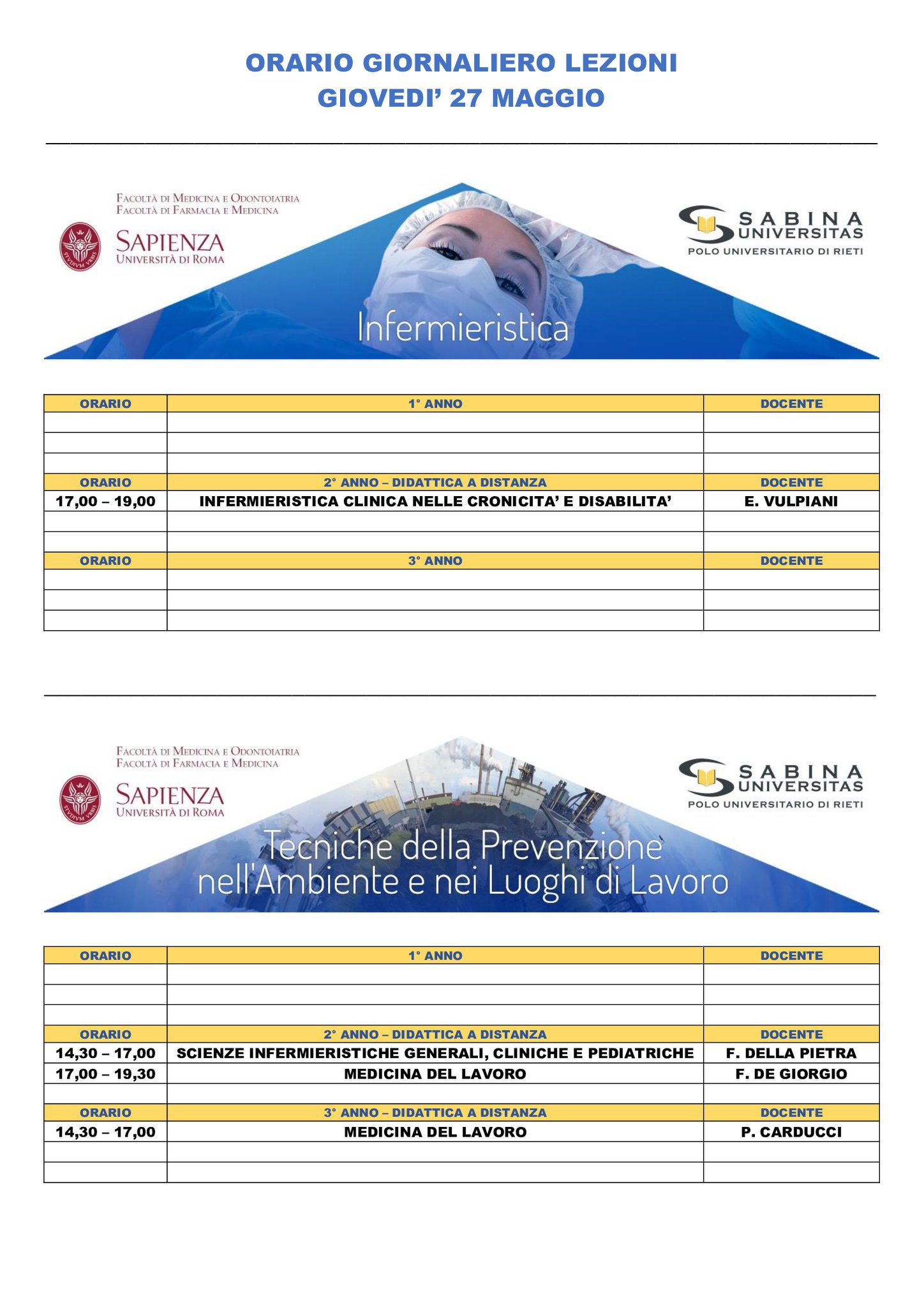 Professioni Sanitarie: orario lezioni di giovedì 27 maggio