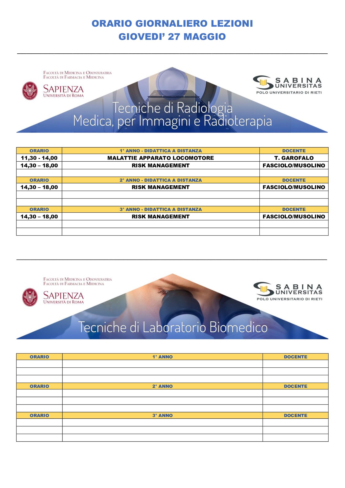 Professioni Sanitarie: orario lezioni di giovedì 27 maggio