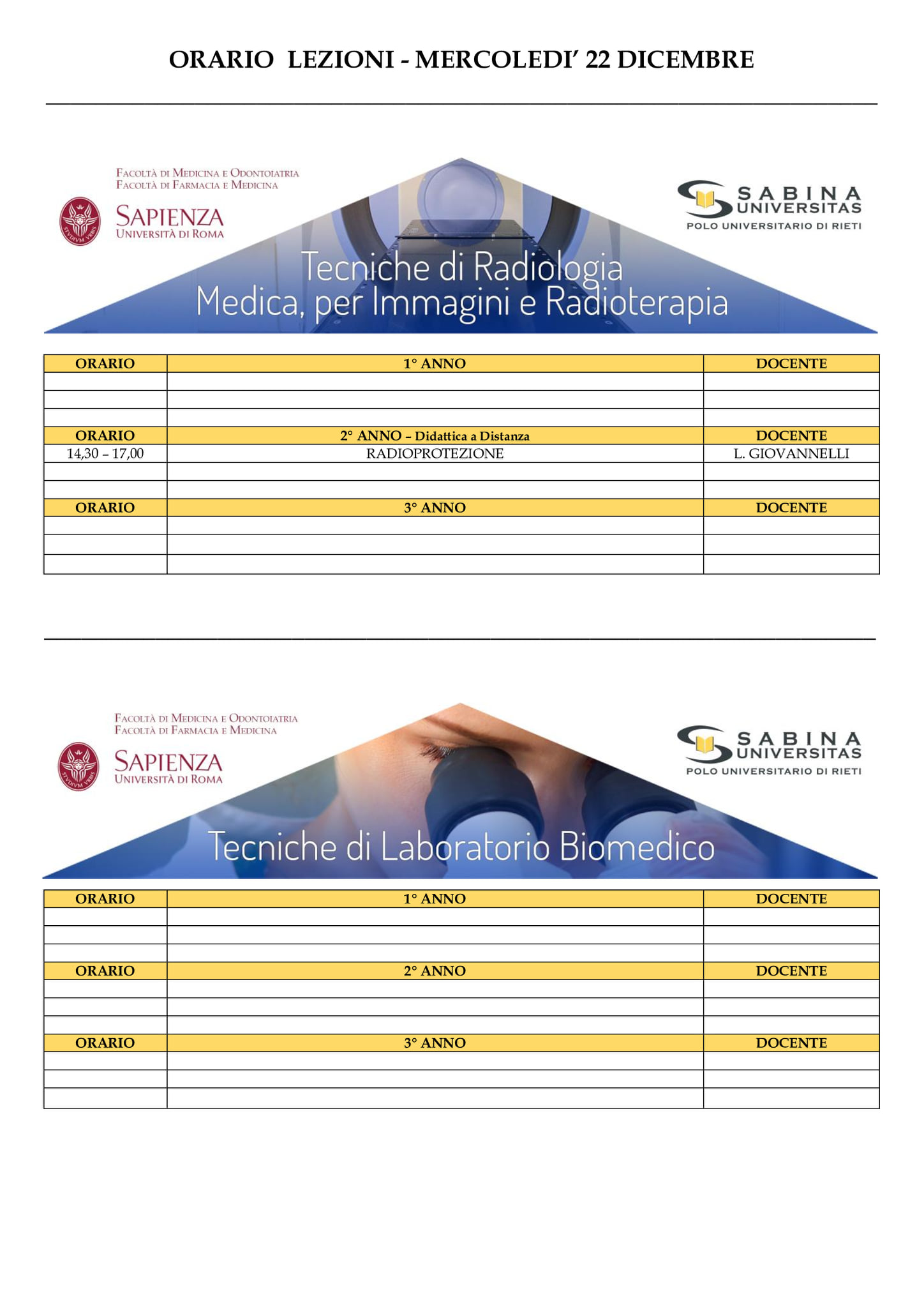 Professioni Sanitarie: orario lezioni di mercoledì 22 dicembre