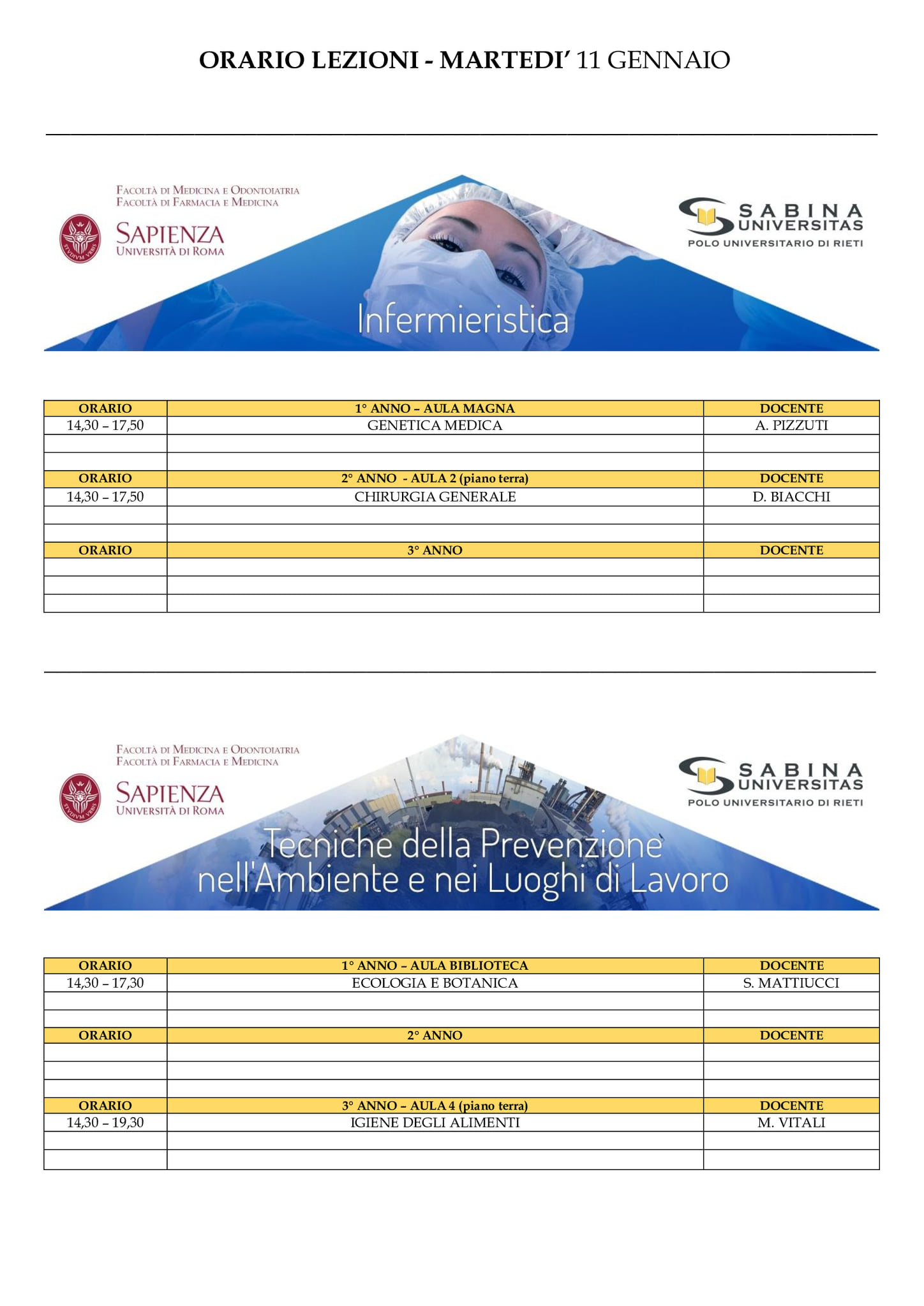 Professioni Sanitarie: orario lezioni di martedì 11 gennaio