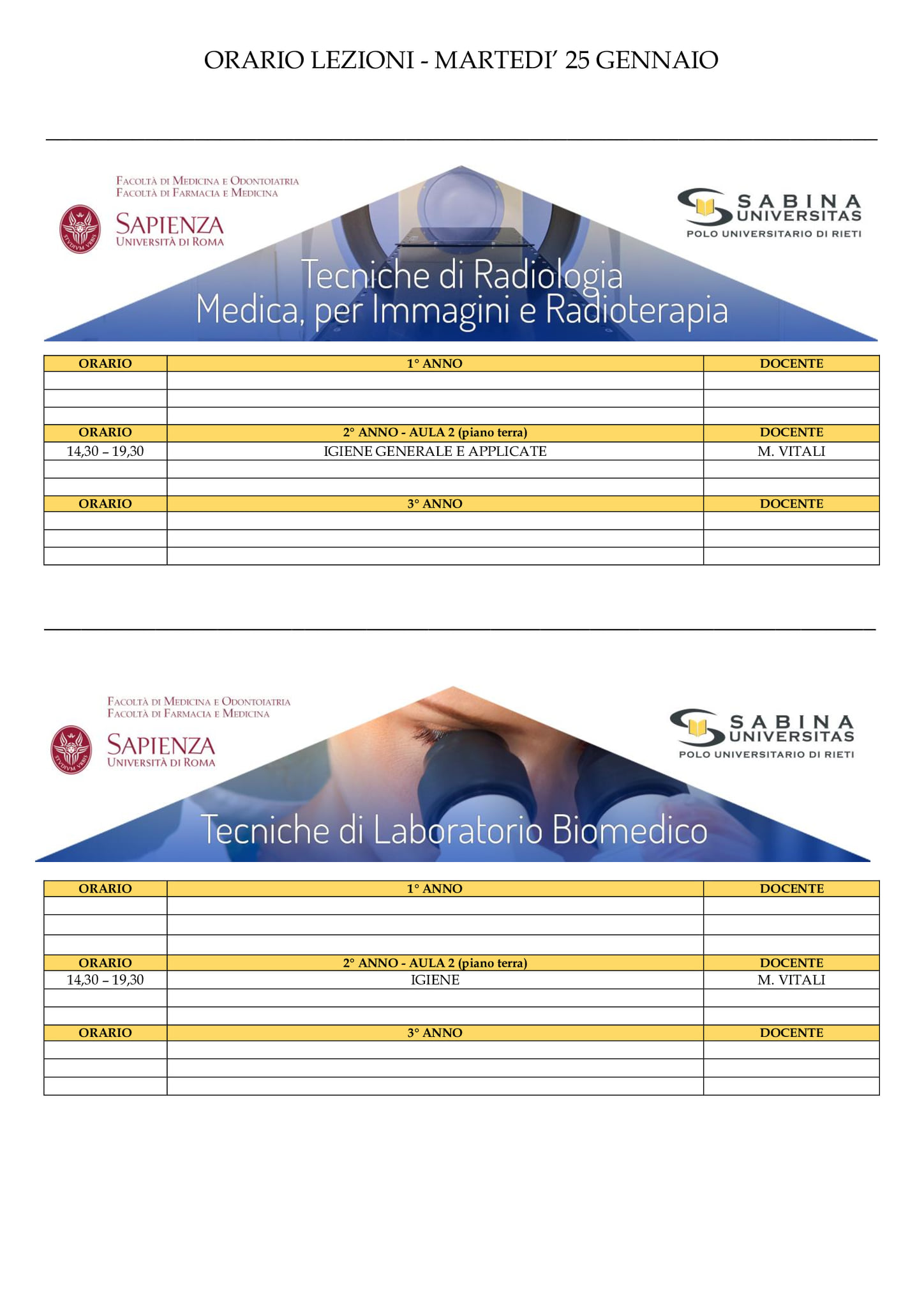 Professioni Sanitarie: orario lezioni di martedì 25 gennaio