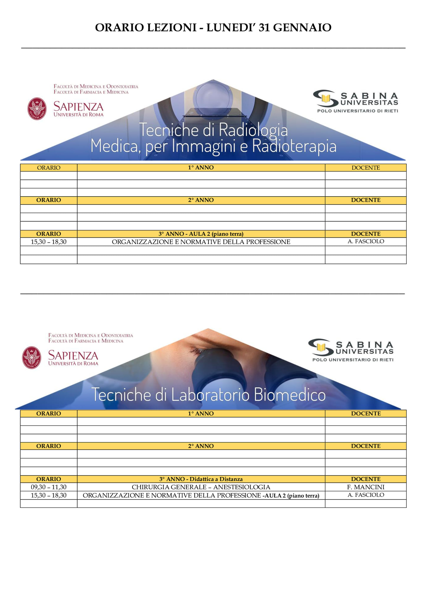 Professioni Sanitarie: orario lezioni di lunedì 31 gennaio