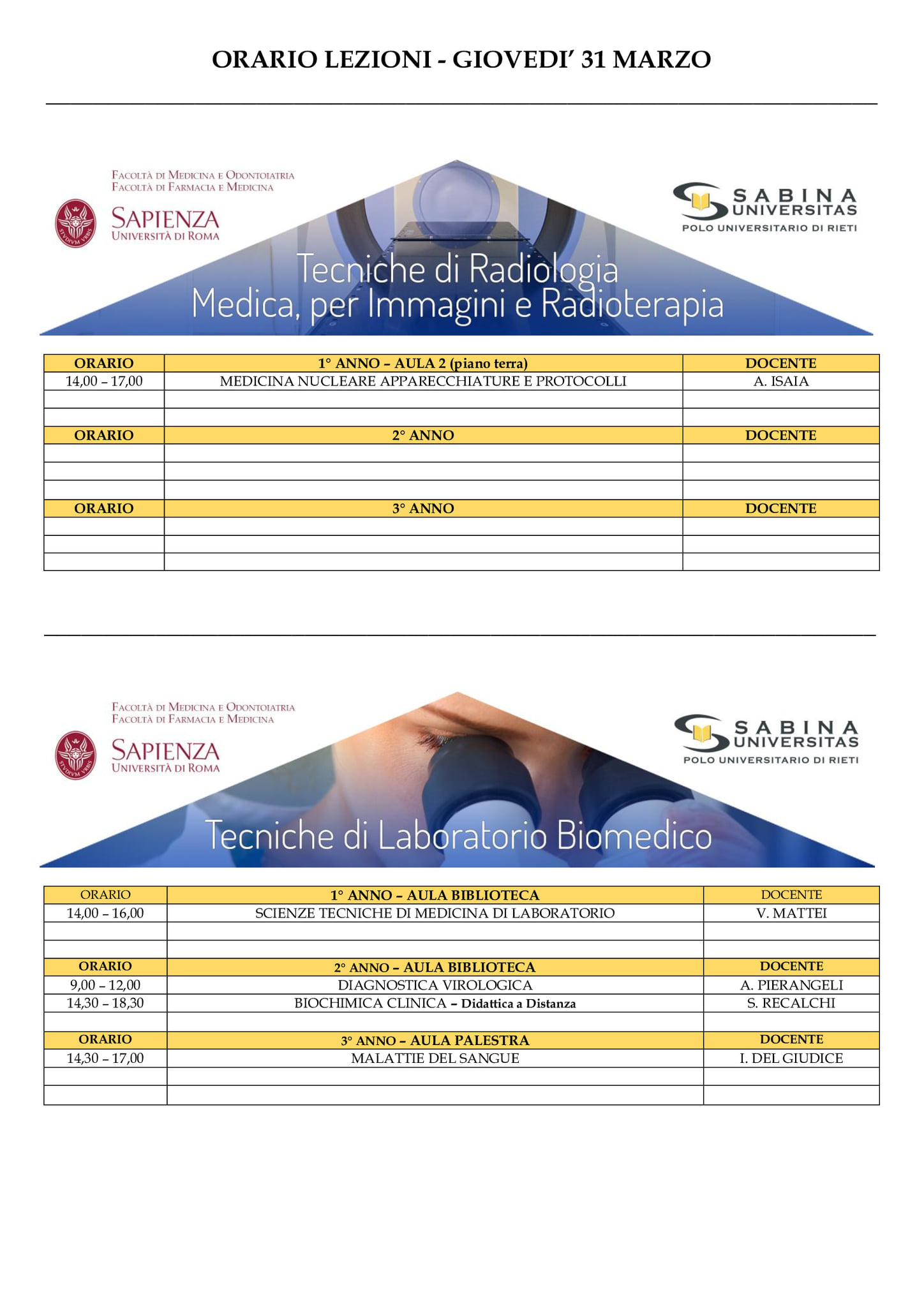 Professioni Sanitarie: orario lezioni di giovedì 31 marzo