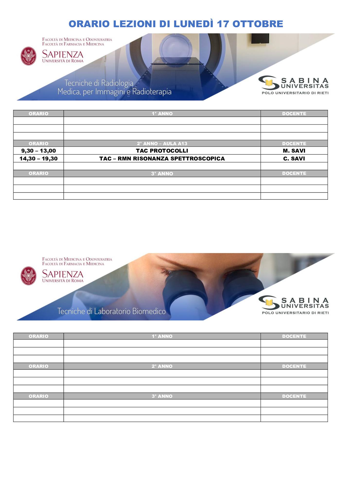 Professioni Sanitarie: orario lezioni di lunedì 17 ottobre