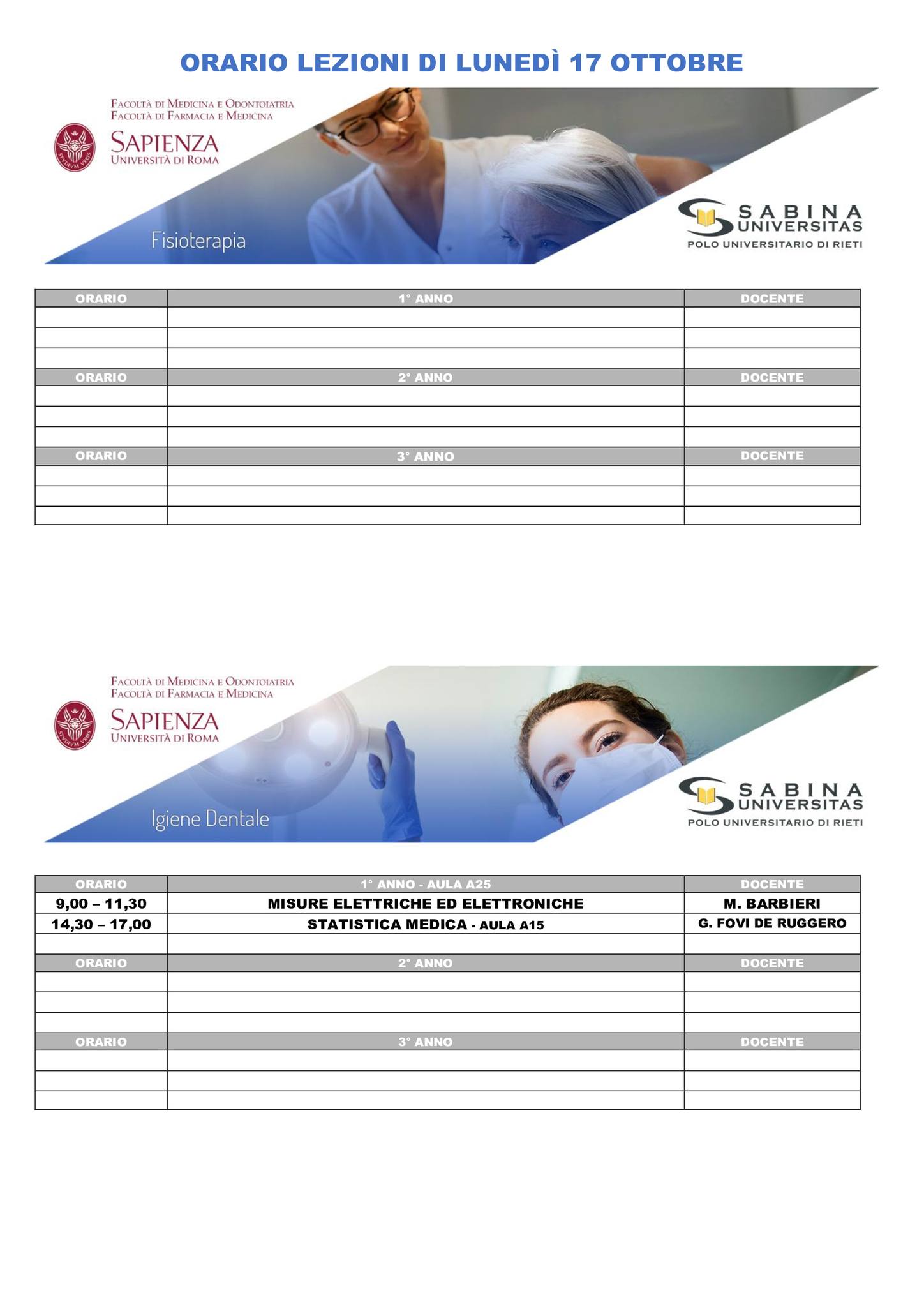 Professioni Sanitarie: orario lezioni di lunedì 17 ottobre