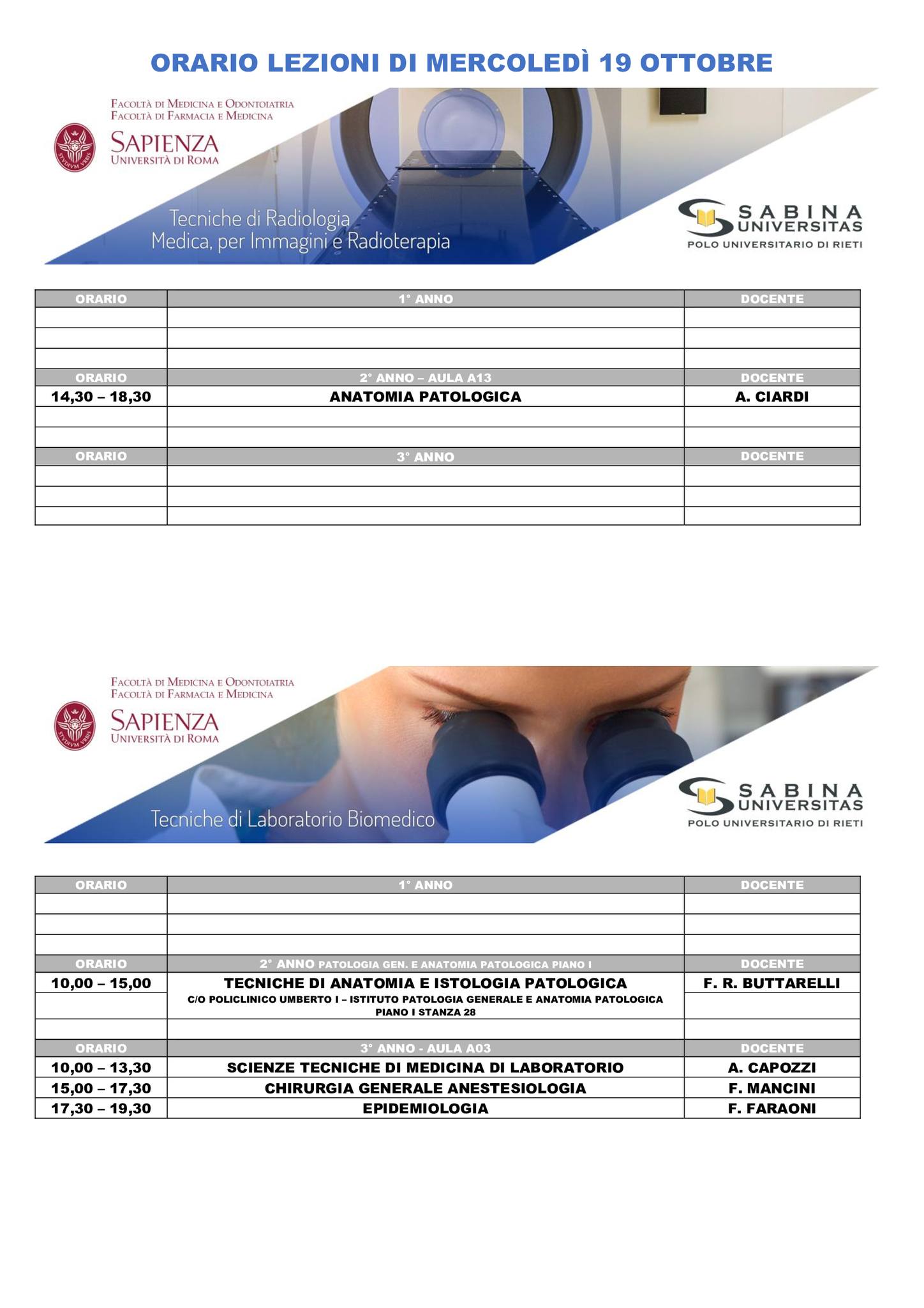 Professioni Sanitarie: orario lezioni di mercoledì 19 ottobre