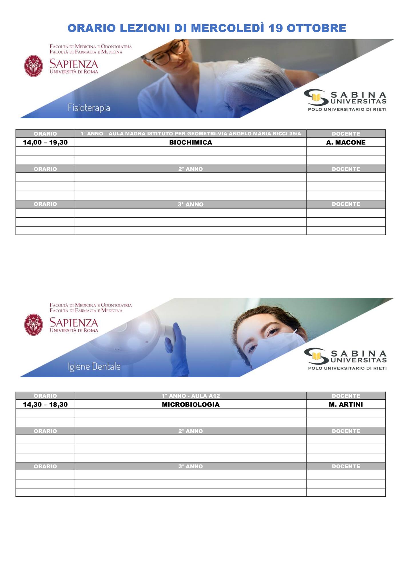 Professioni Sanitarie: orario lezioni di mercoledì 19 ottobre