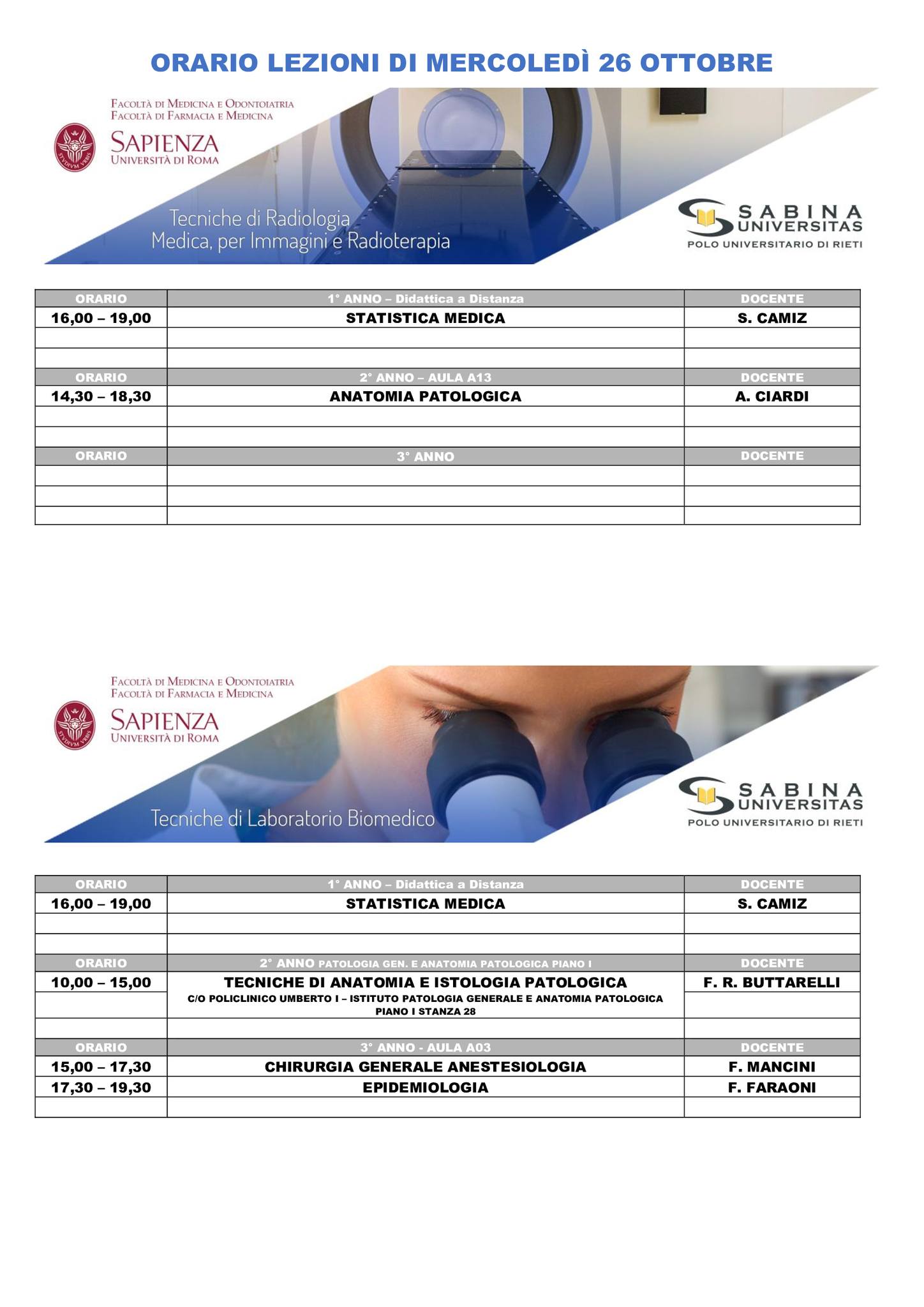 Professioni Sanitarie: orario lezioni di mercoledì 26 ottobre