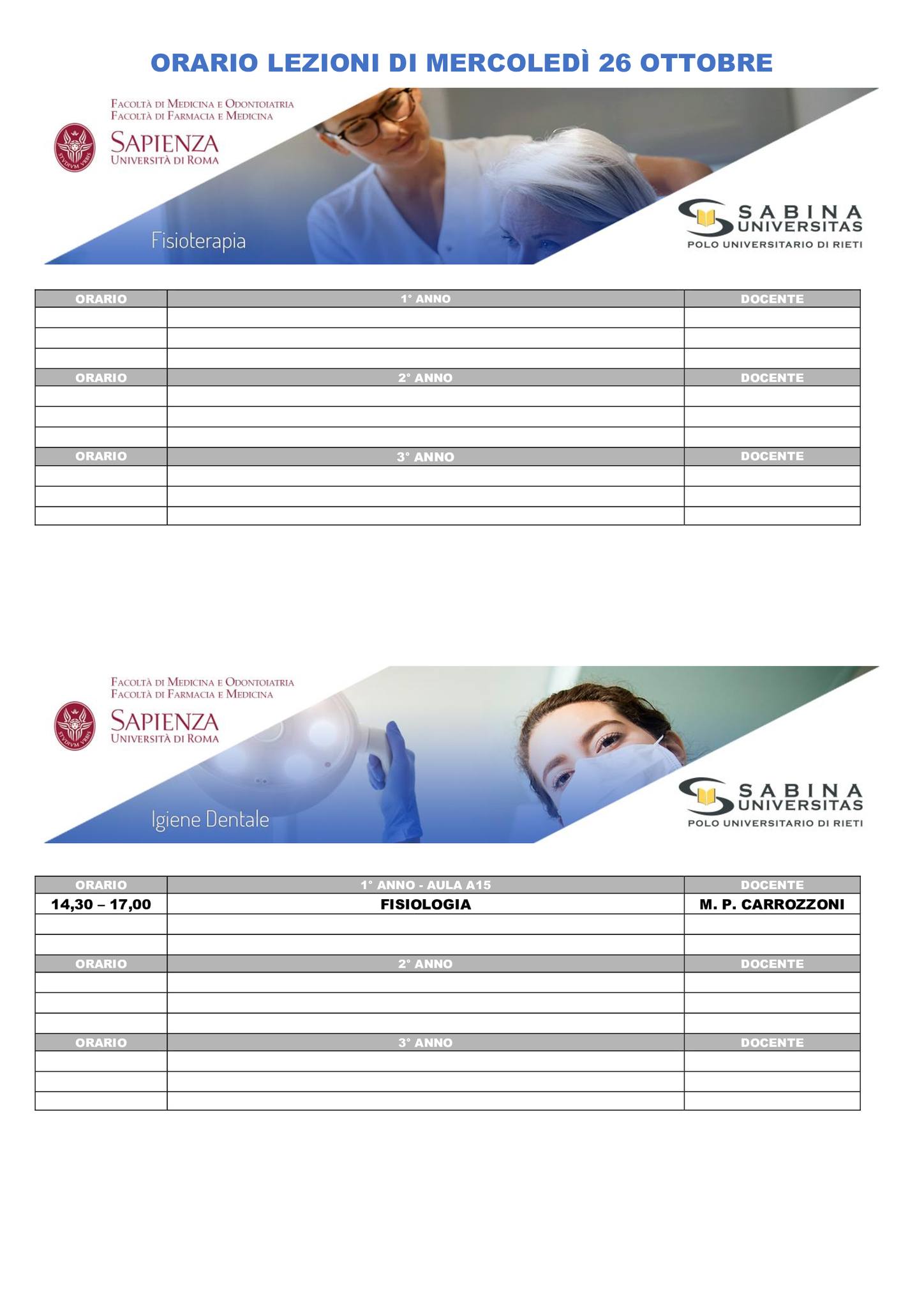 Professioni Sanitarie: orario lezioni di mercoledì 26 ottobre