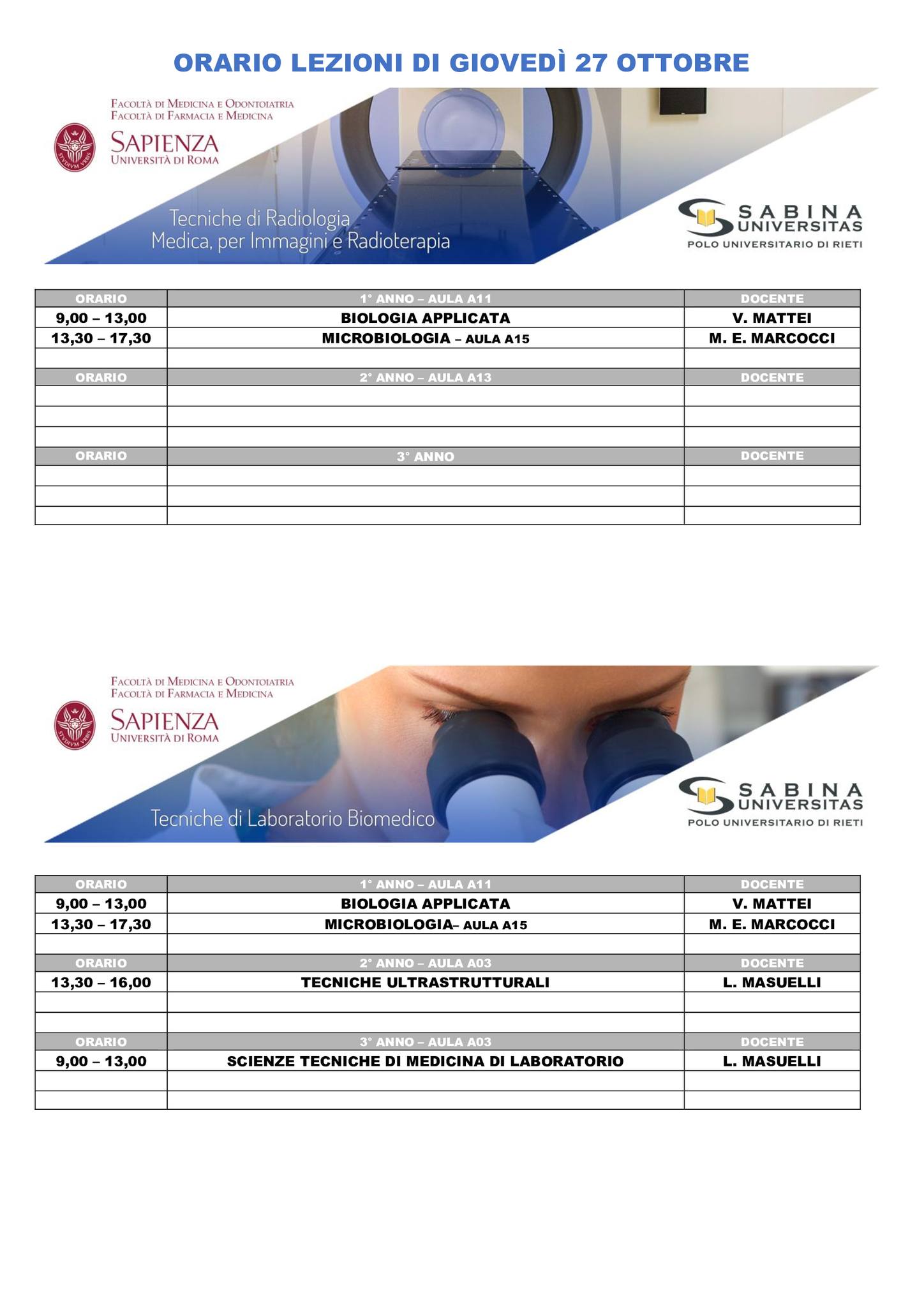 Professioni Sanitarie: orario lezioni di giovedì 27 ottobre