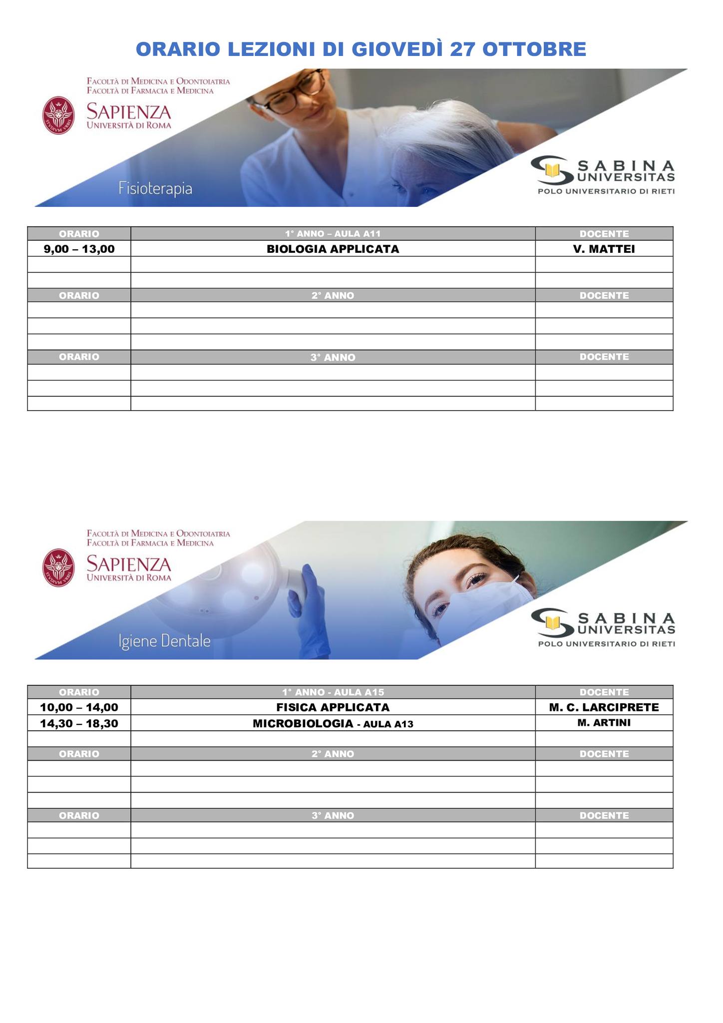 Professioni Sanitarie: orario lezioni di giovedì 27 ottobre