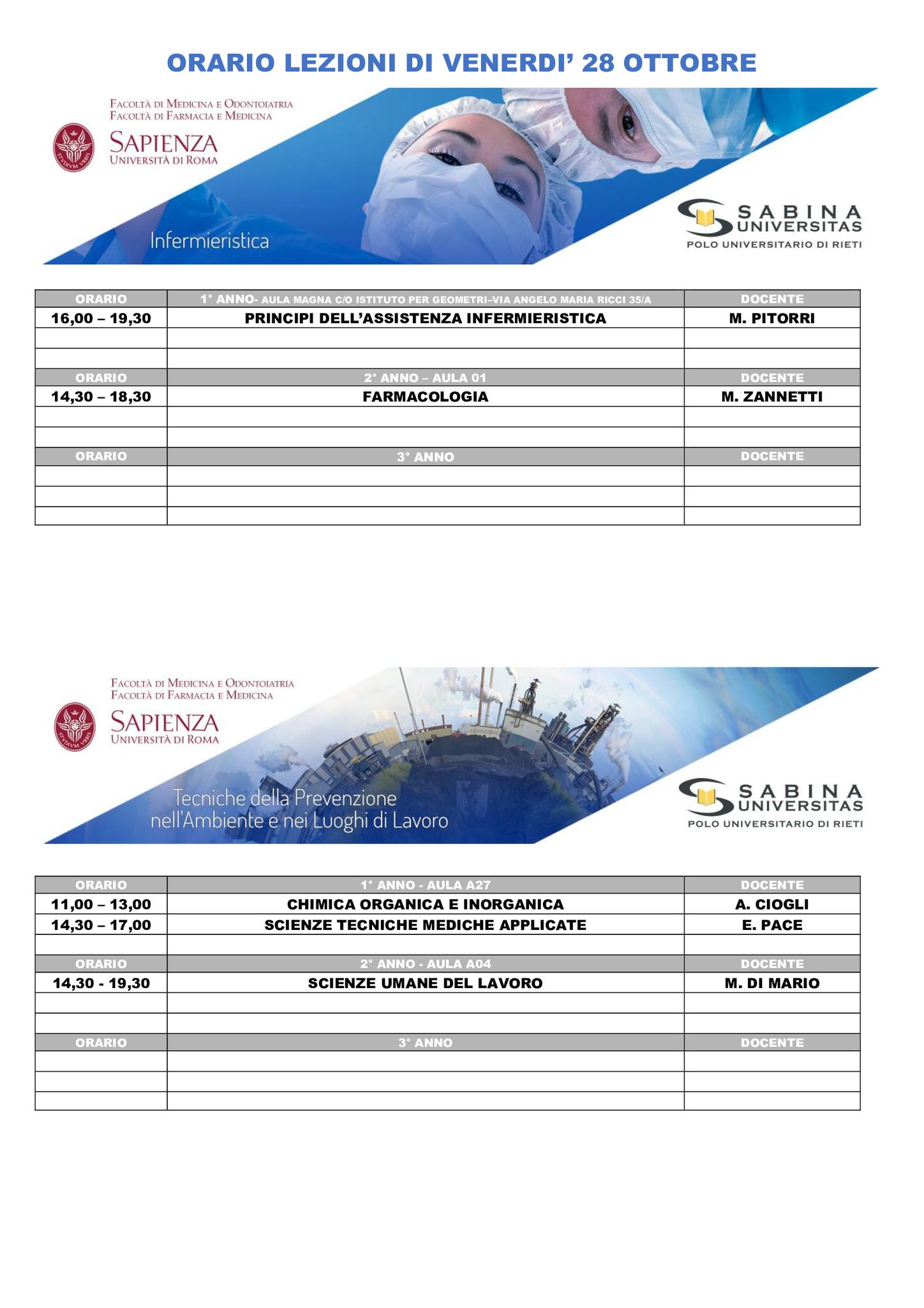 Professioni Sanitarie: orario lezioni di venerdì 28 ottobre