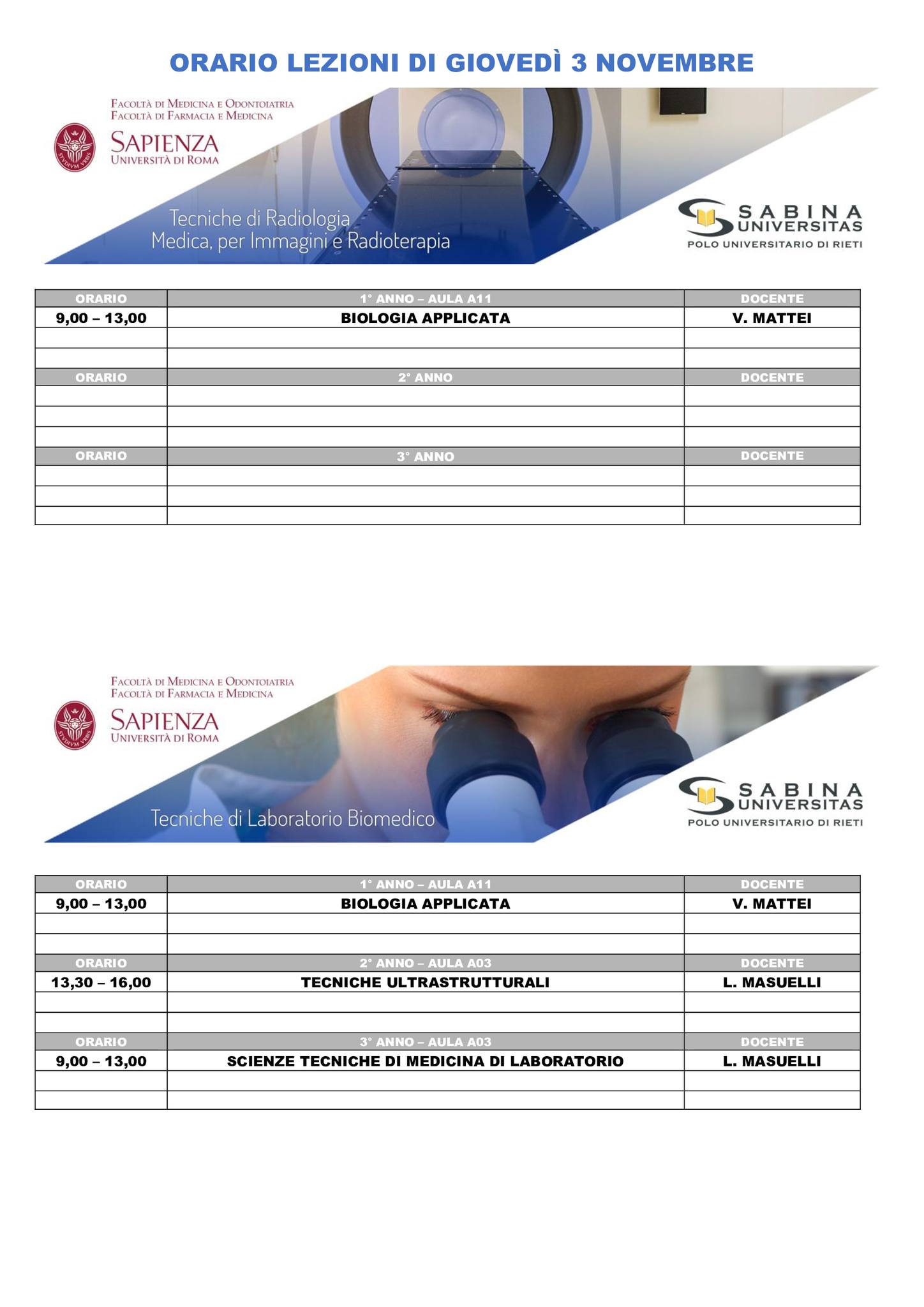 Professioni Sanitarie: orario lezioni di giovedì 3 novembre