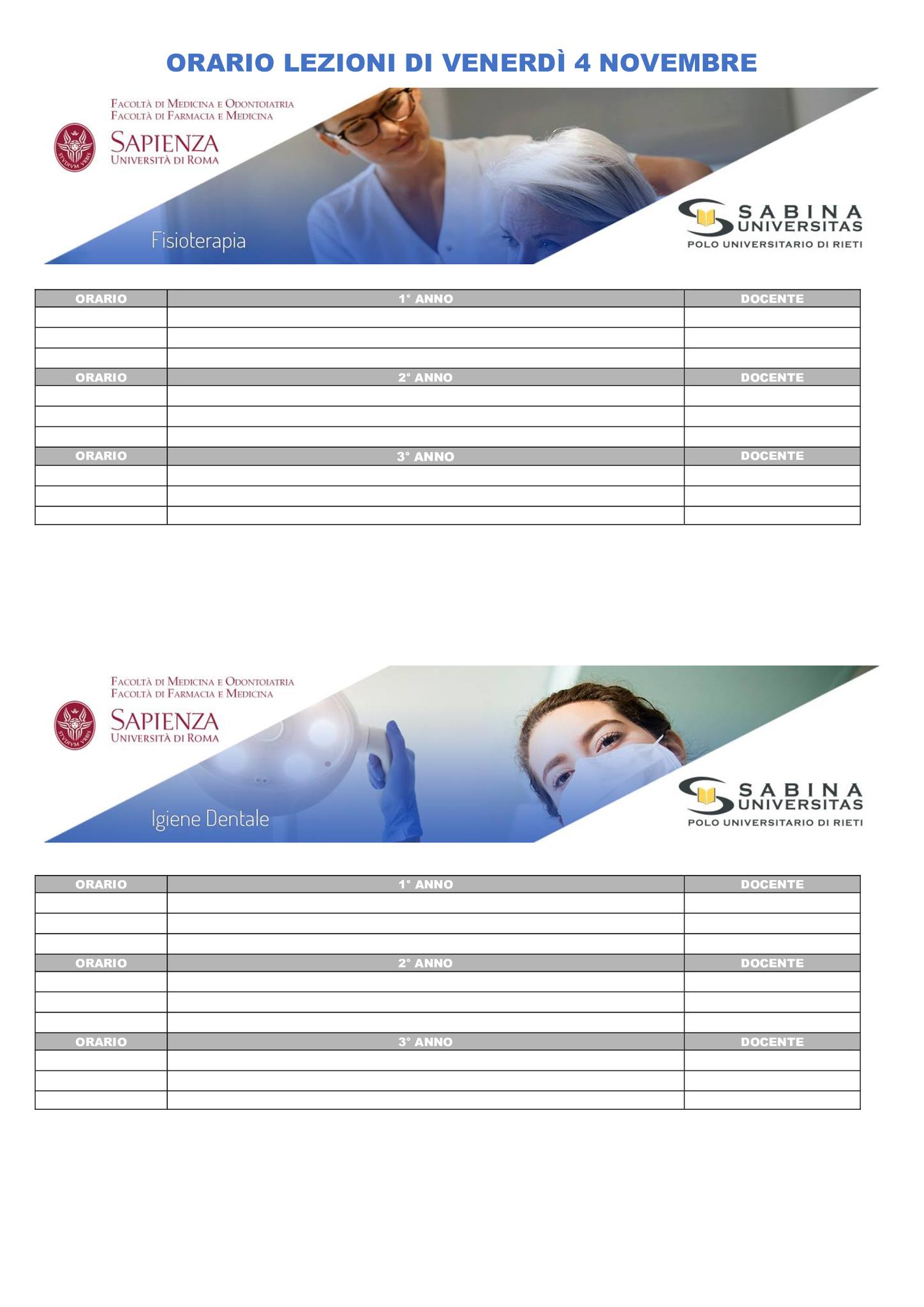 Professioni Sanitarie: orario lezioni di venerdì 4 novembre