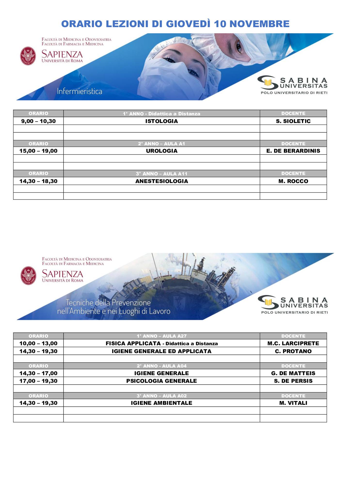 Professioni Sanitarie: orario lezioni di giovedì 10 novembre