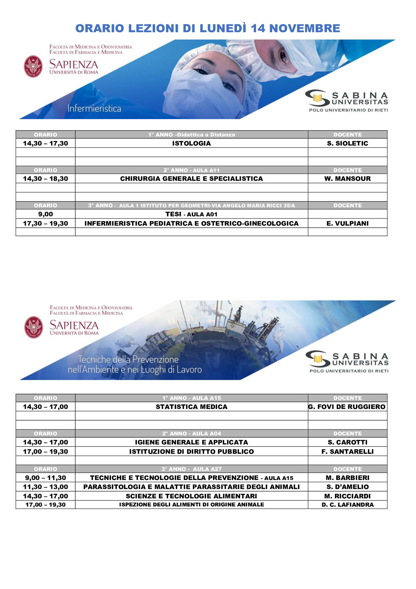 Professioni Sanitarie: orario lezioni di lunedì 14 novembre