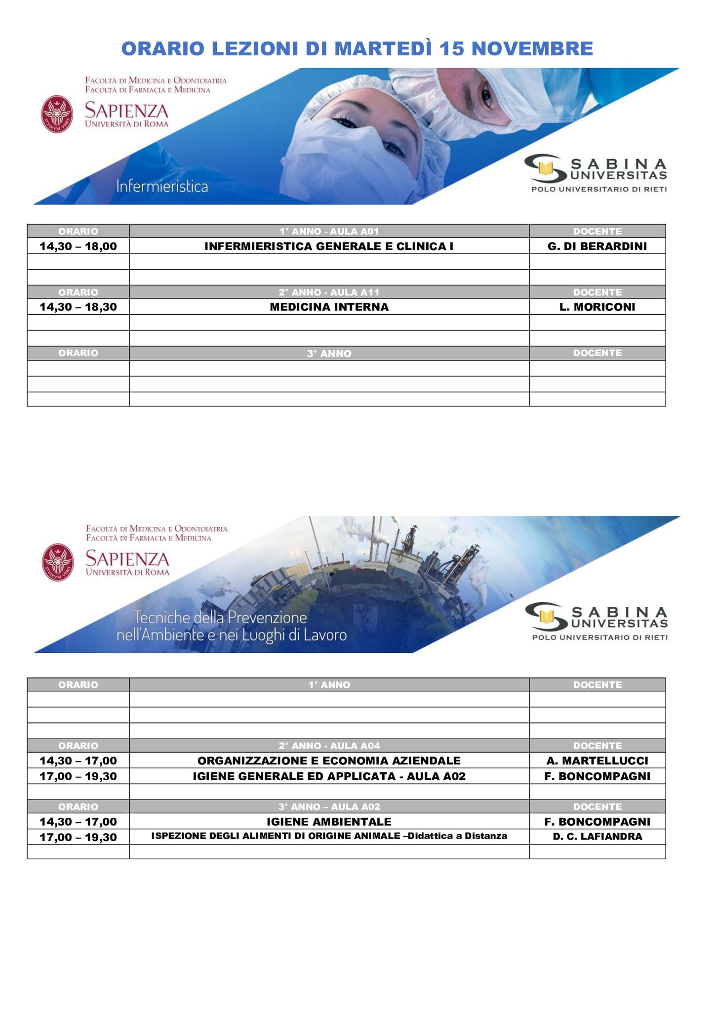 Professioni Sanitarie: orario lezioni di martedì 15 novembre