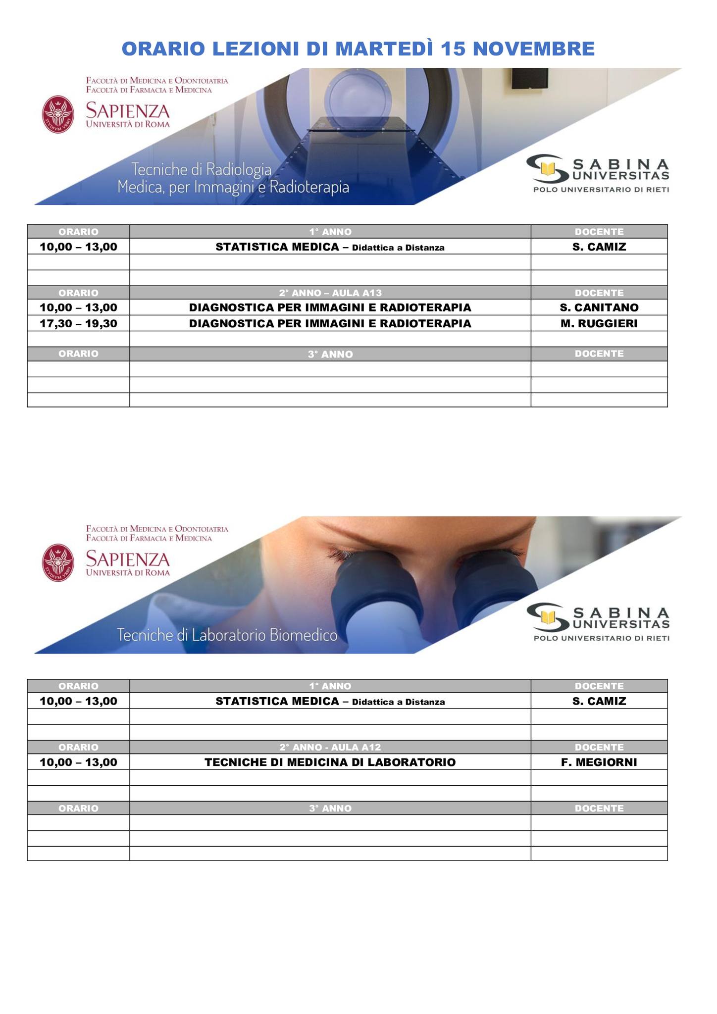 Professioni Sanitarie: orario lezioni di martedì 15 novembre