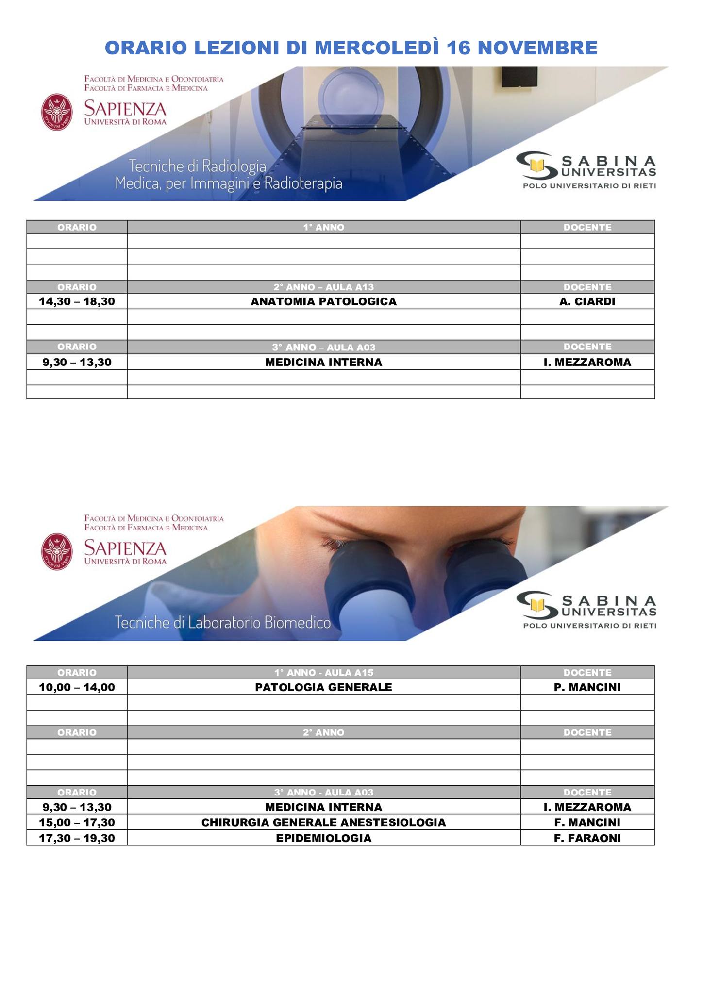 Professioni Sanitarie: orario lezioni di mercoledì 16 novembre