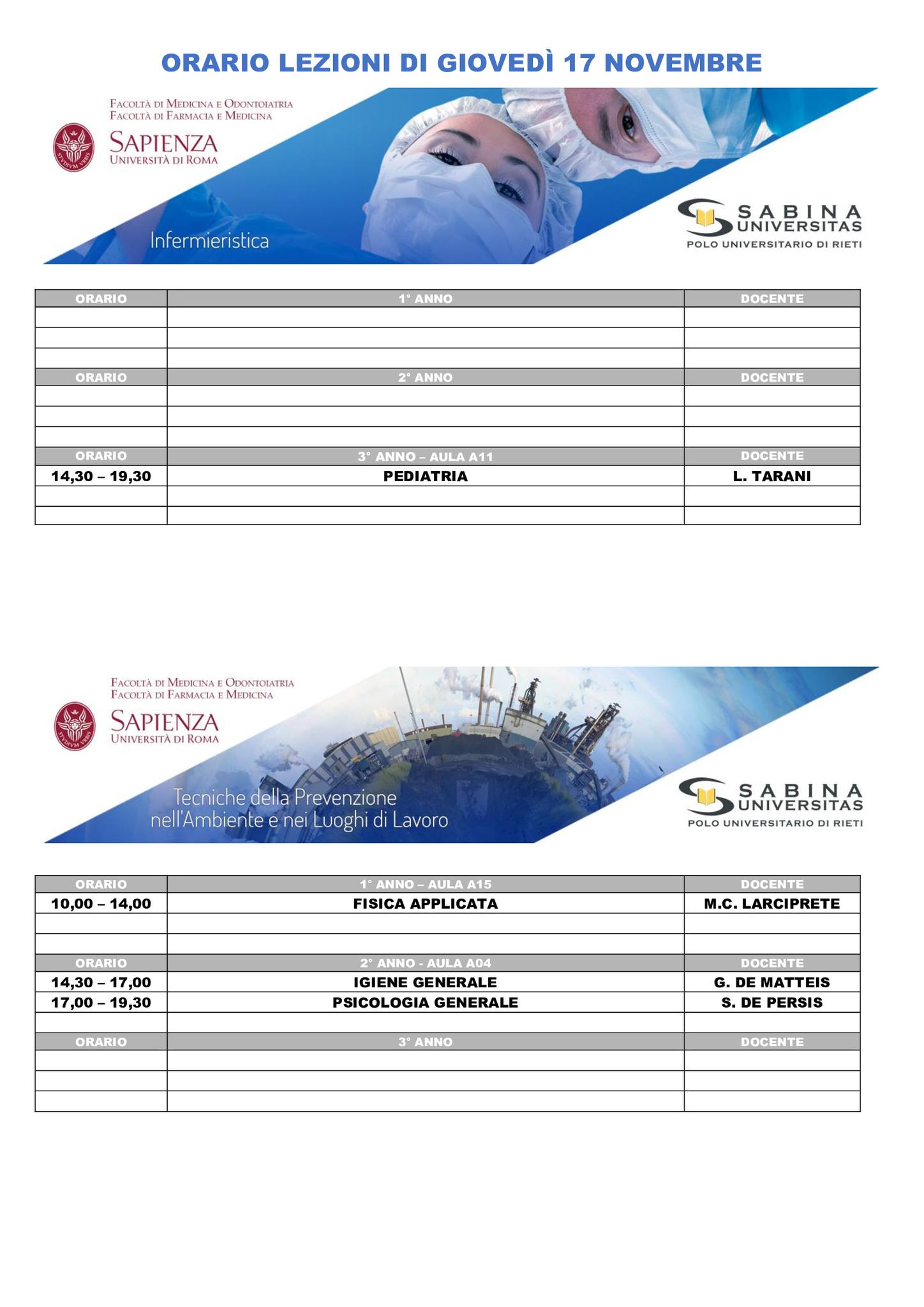 Professioni Sanitarie: orario lezioni di giovedì 17 novembre