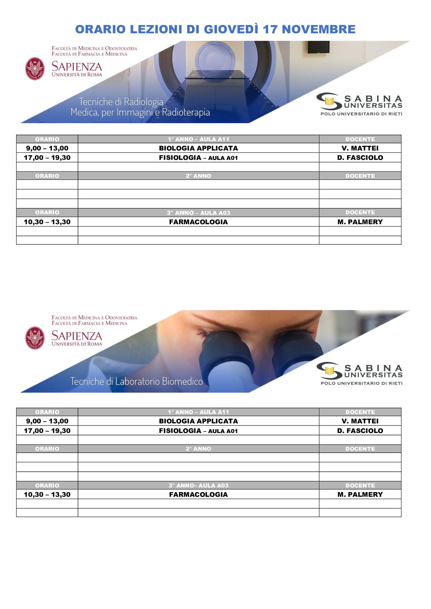 Professioni Sanitarie: orario lezioni di giovedì 17 novembre