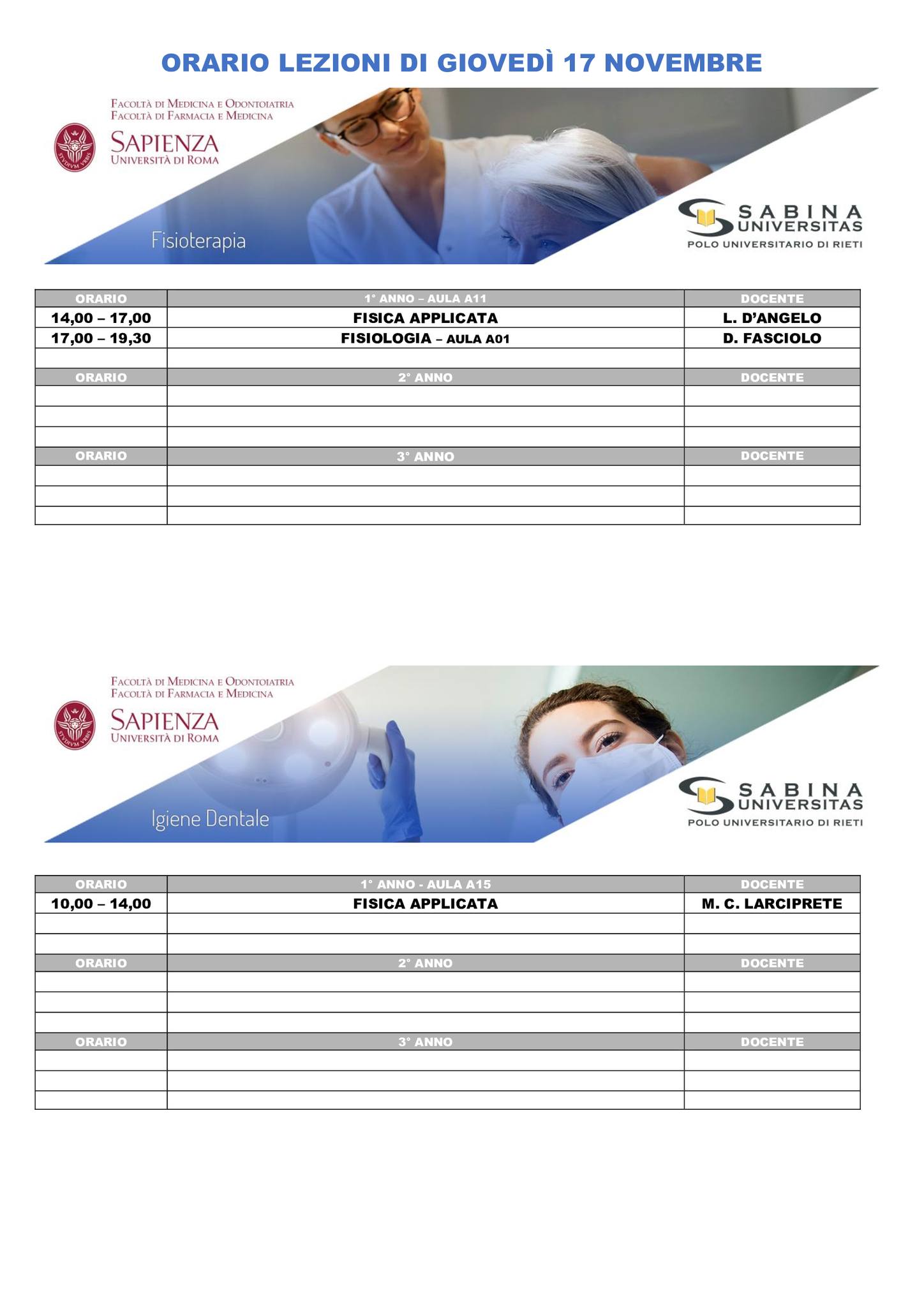 Professioni Sanitarie: orario lezioni di giovedì 17 novembre