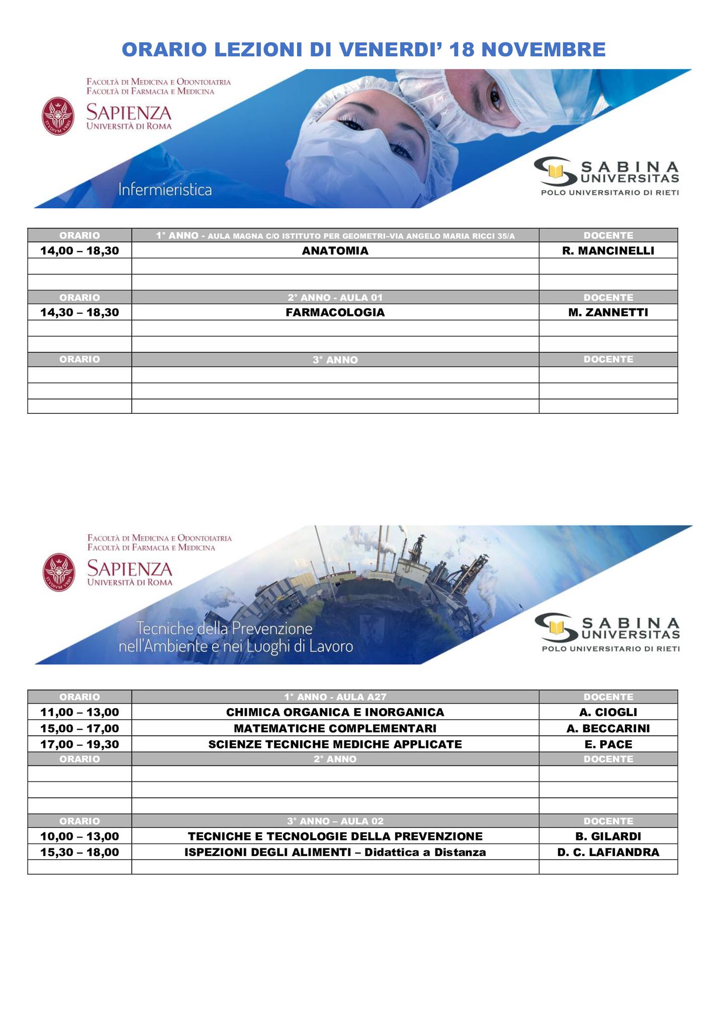 Professioni Sanitarie: orario lezioni di venerdì 18 novembre