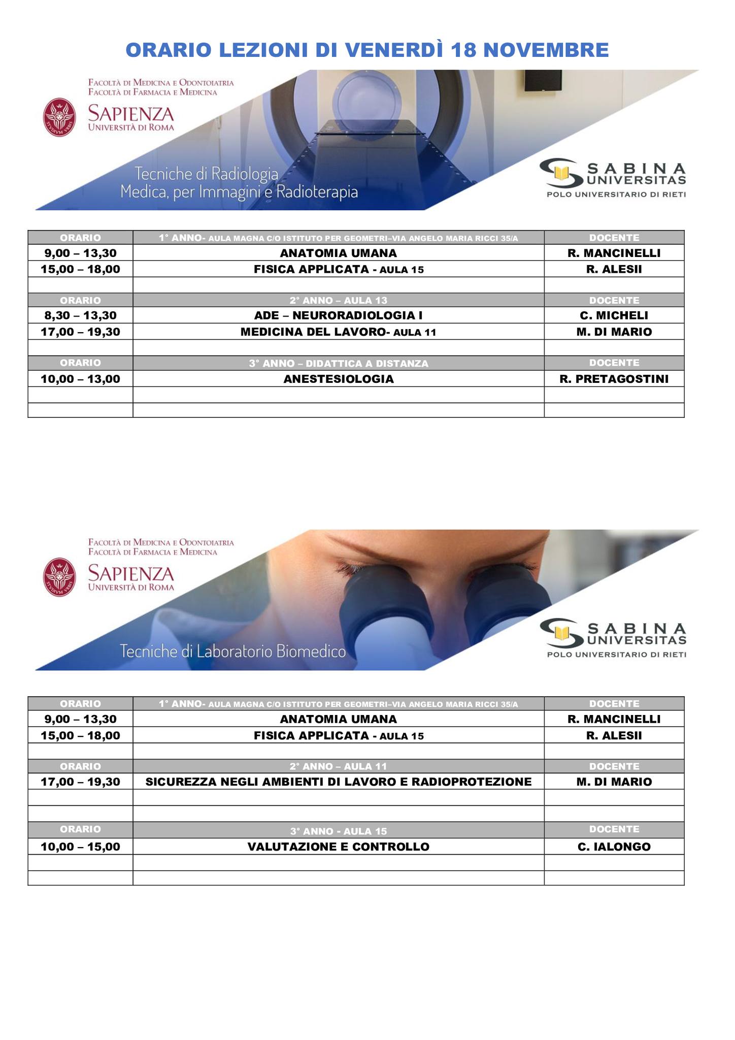 Professioni Sanitarie: orario lezioni di venerdì 18 novembre