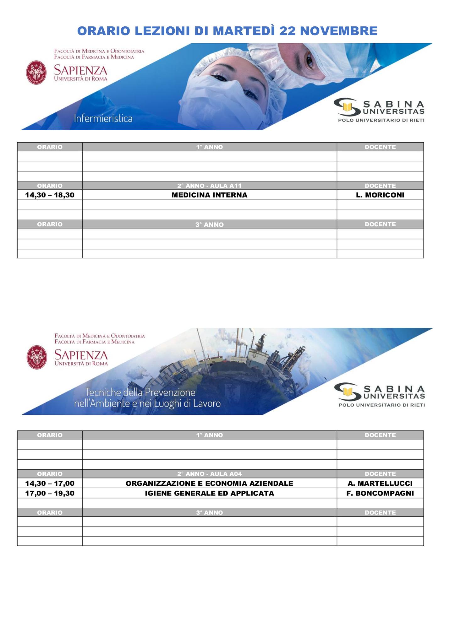 Professioni Sanitarie: orario lezioni di martedì 22 novembre
