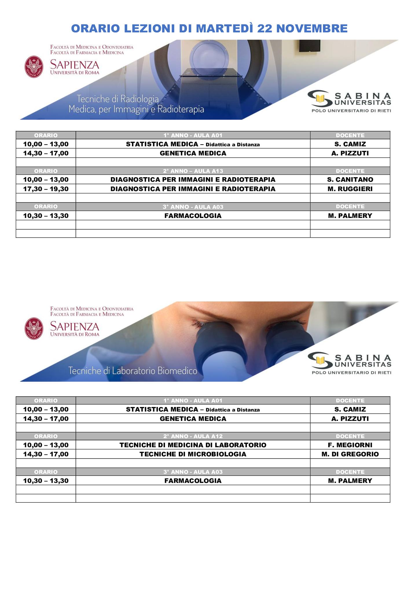 Professioni Sanitarie: orario lezioni di martedì 22 novembre