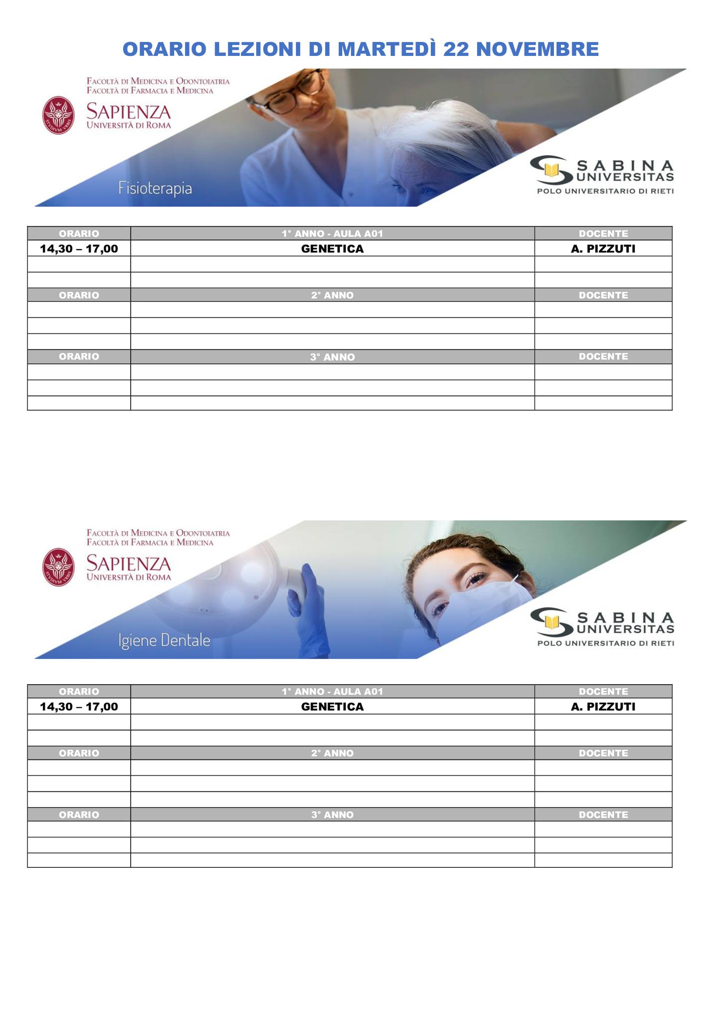 Professioni Sanitarie: orario lezioni di martedì 22 novembre