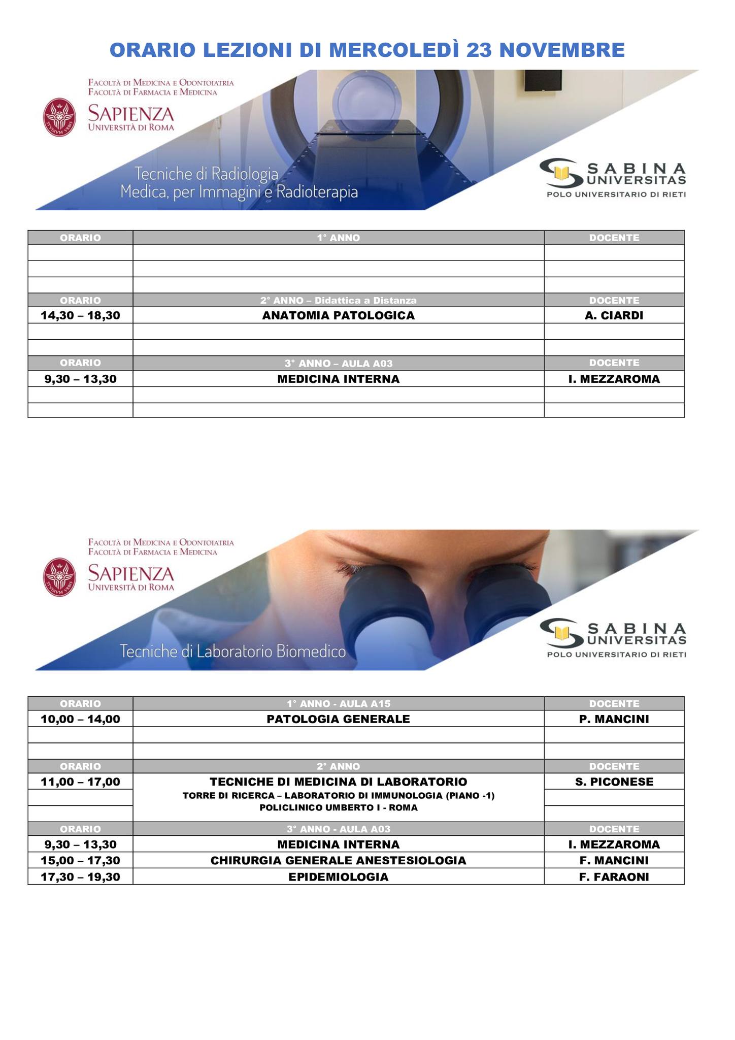 Professioni Sanitarie: orario lezioni di mercoledì 23 novembre