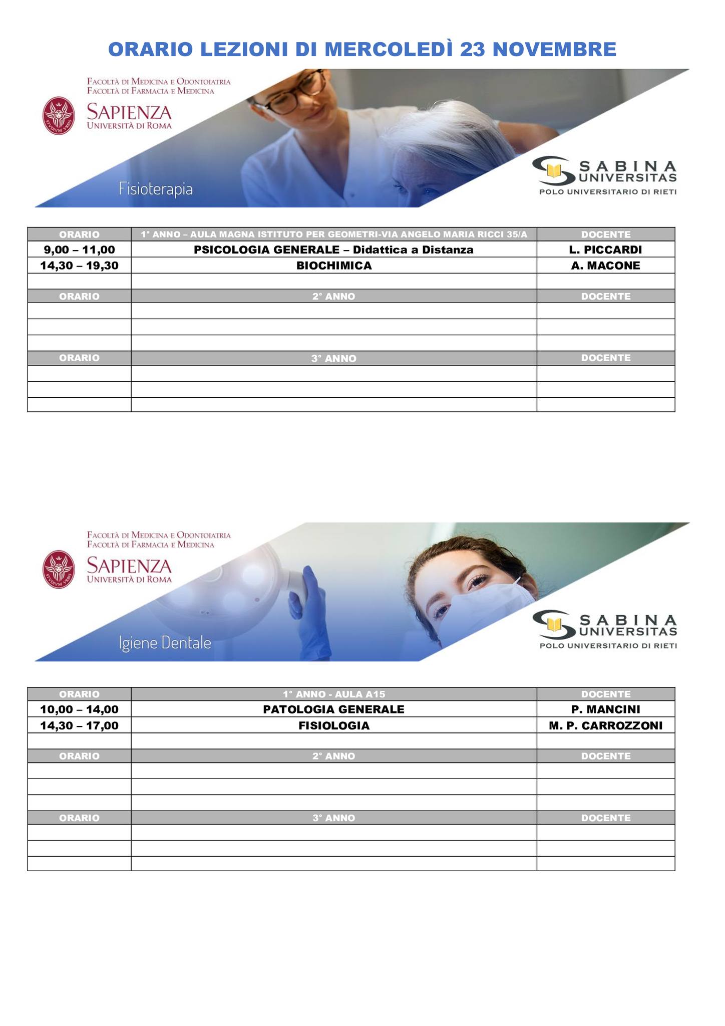 Professioni Sanitarie: orario lezioni di mercoledì 23 novembre