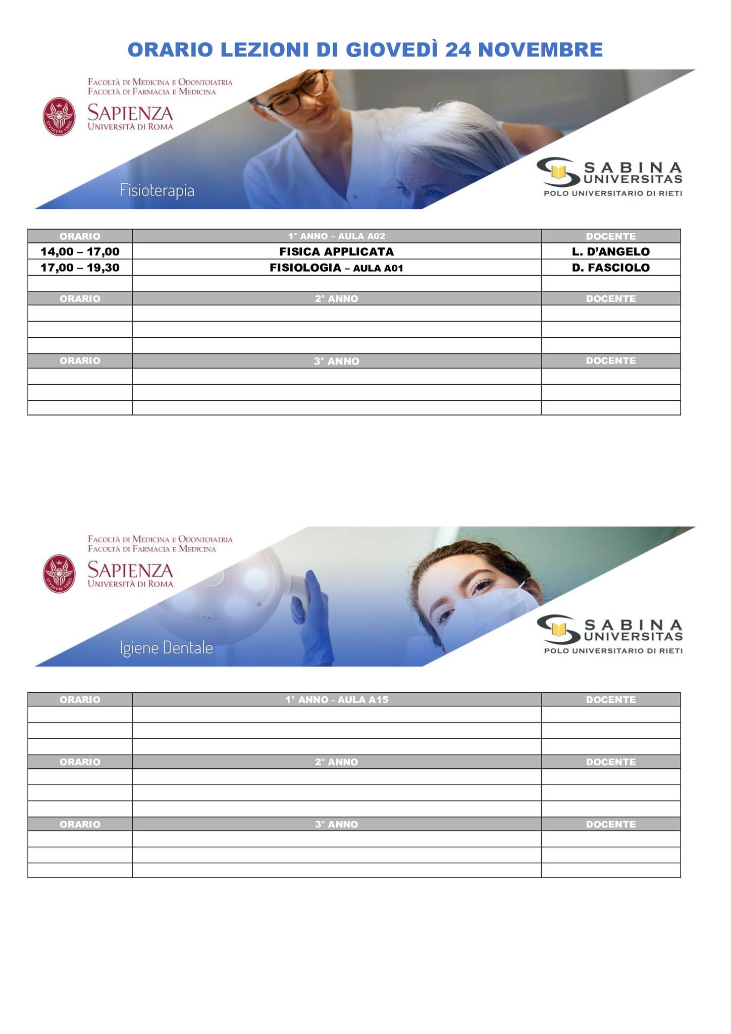 Professioni Sanitarie: orario lezioni di giovedì 24 novembre