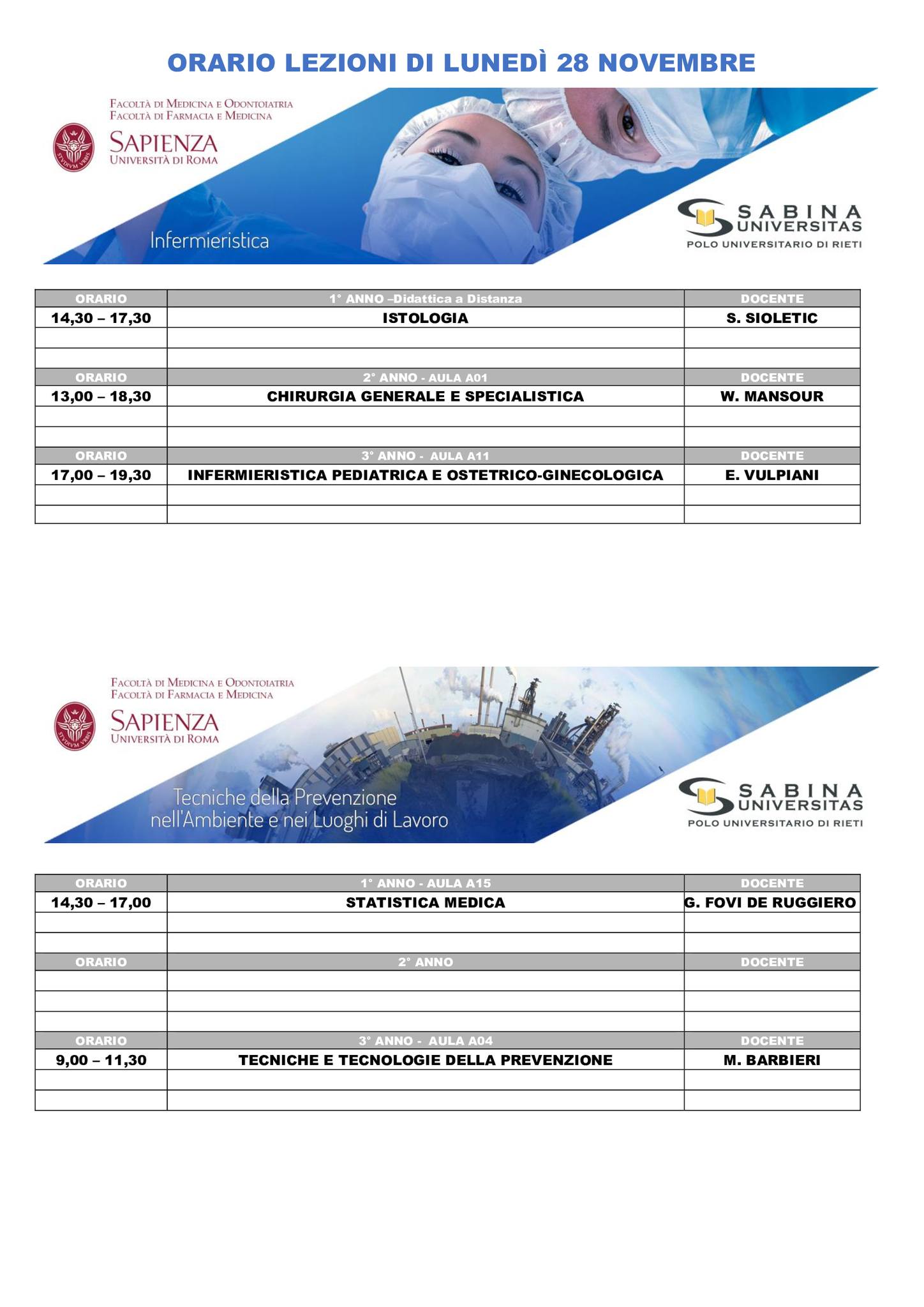 Professioni Sanitarie: orario lezioni di lunedì 28 novembre
